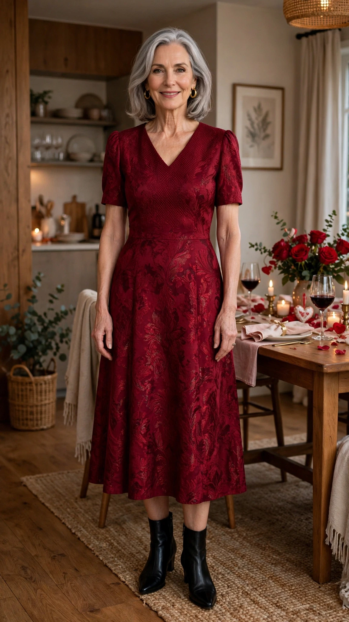 33 Women Over 60 Red Dress Outfits for Valentine Dinners That Are Chic, Romantic and Elegant 19 Wine Red Jacquard Midi Dress with gold hoop earrings
