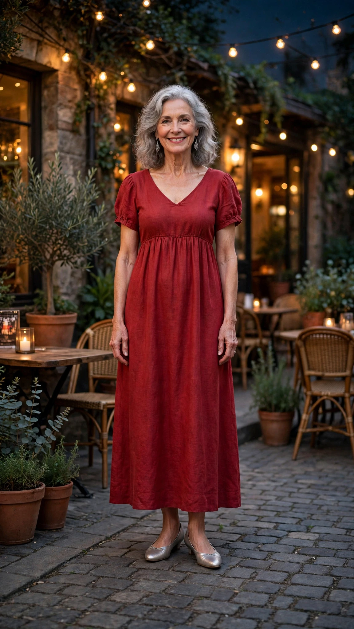 33 Women Over 60 Red Dress Outfits for Valentine Dinners That Are Chic, Romantic and Elegant 20 Brick Red Empire-Waist Dress with silver drop earrings