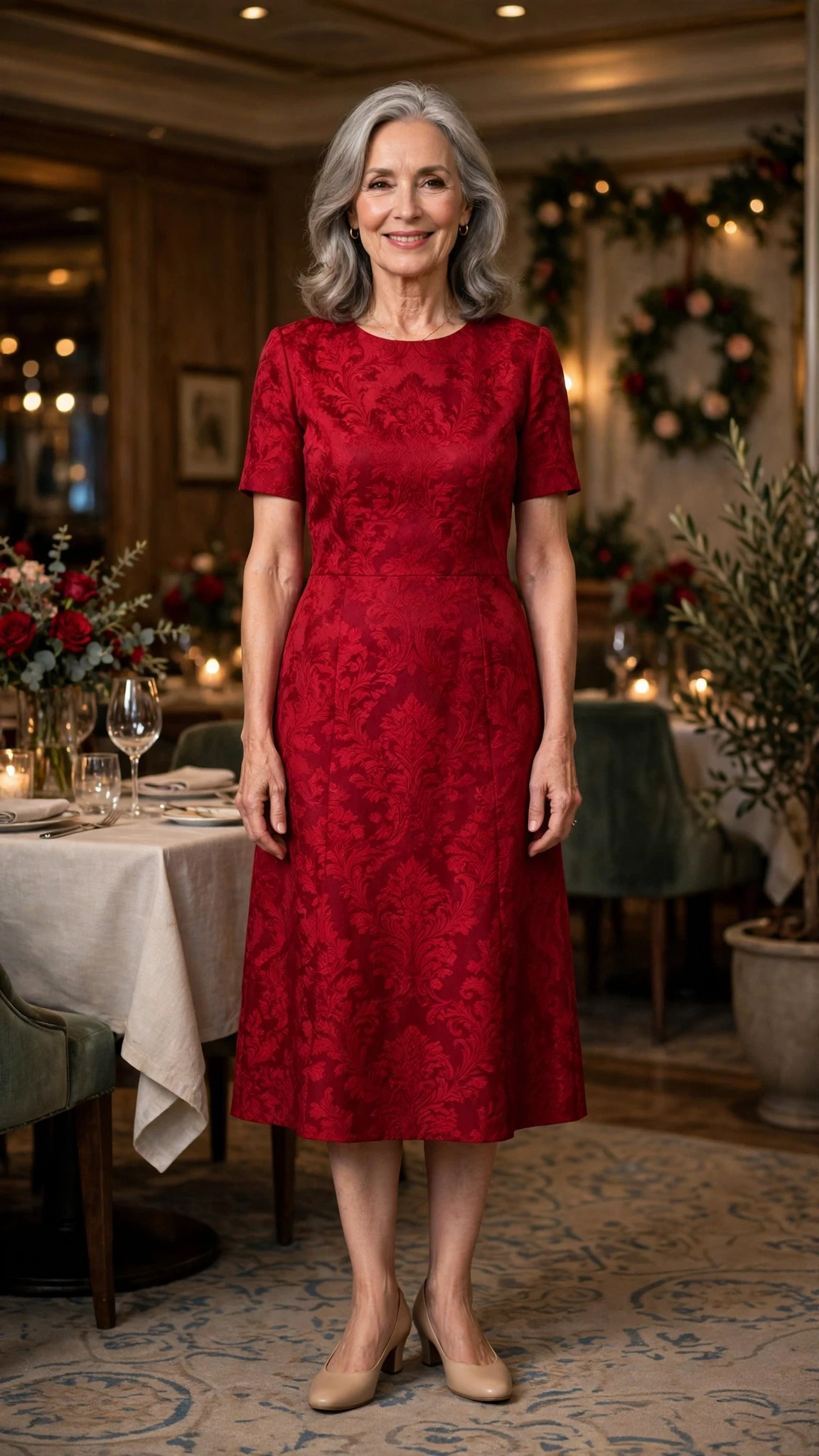 33 Women Over 60 Red Dress Outfits for Valentine Dinners That Are Chic, Romantic and Elegant 21 Ruby Red Jacquard Midi Dress with comfortable low heels