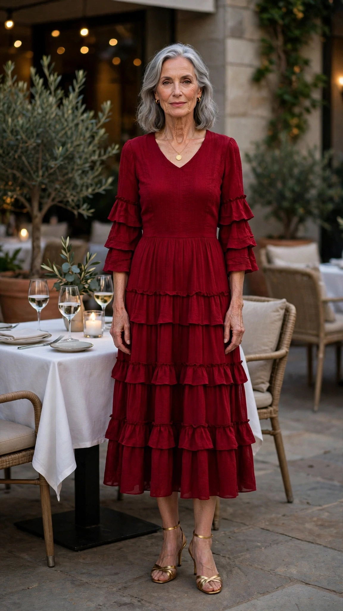 33 Women Over 60 Red Dress Outfits for Valentine Dinners That Are Chic, Romantic and Elegant 25 Deep Crimson Tiered Midi Dress with a gold pendant necklace