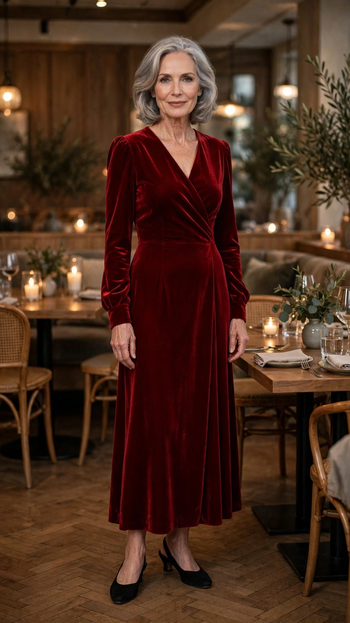 33 Women Over 60 Red Dress Outfits for Valentine Dinners That Are Chic, Romantic and Elegant 26 Cherry Red Sleeved Velvet Dress with comfortable low heels