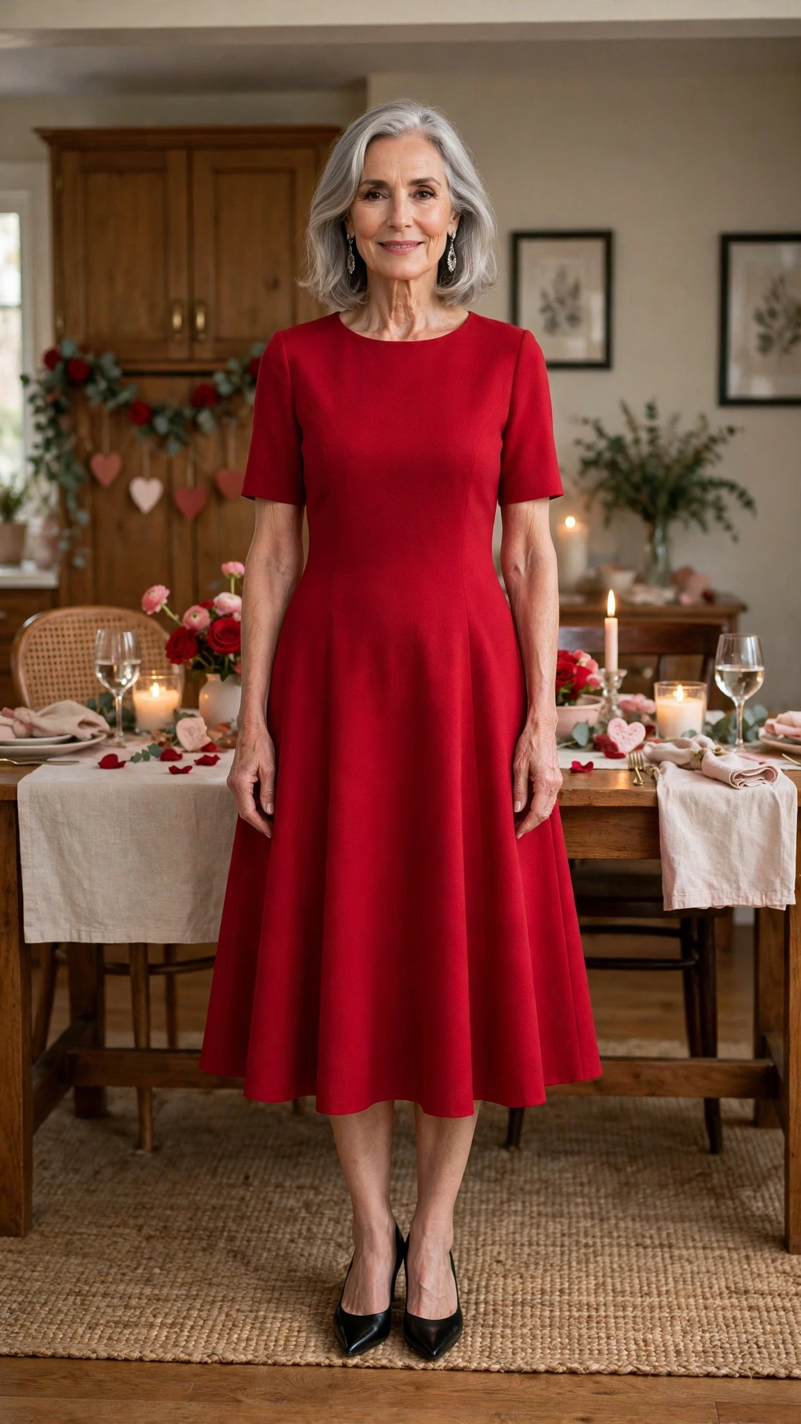 33 Women Over 60 Red Dress Outfits for Valentine Dinners That Are Chic, Romantic and Elegant 27 Ruby Red A-Line Midi Dress with silver drop earrings