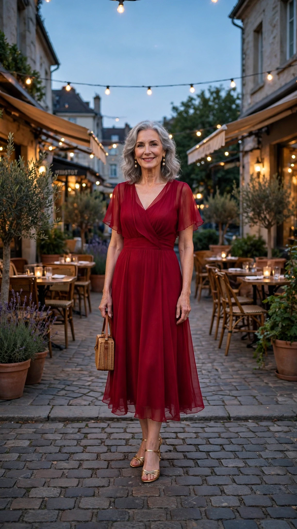 33 Women Over 60 Red Dress Outfits for Valentine Dinners That Are Chic, Romantic and Elegant 28 Ruby Red Chiffon Midi Dress with pearl drop earrings