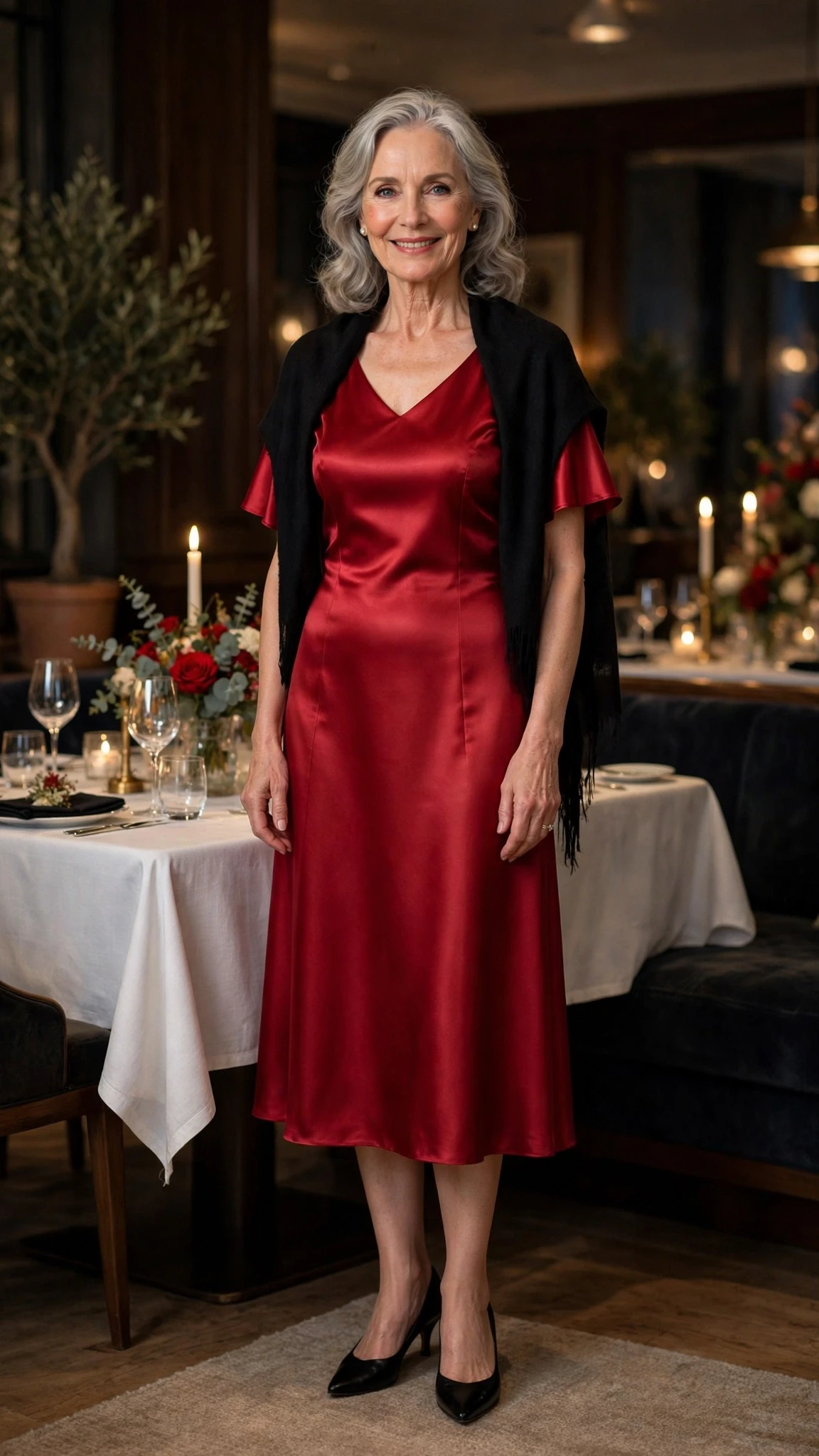 33 Women Over 60 Red Dress Outfits for Valentine Dinners That Are Chic, Romantic and Elegant 29 Cherry Red Satin Midi Dress with a soft black shawl