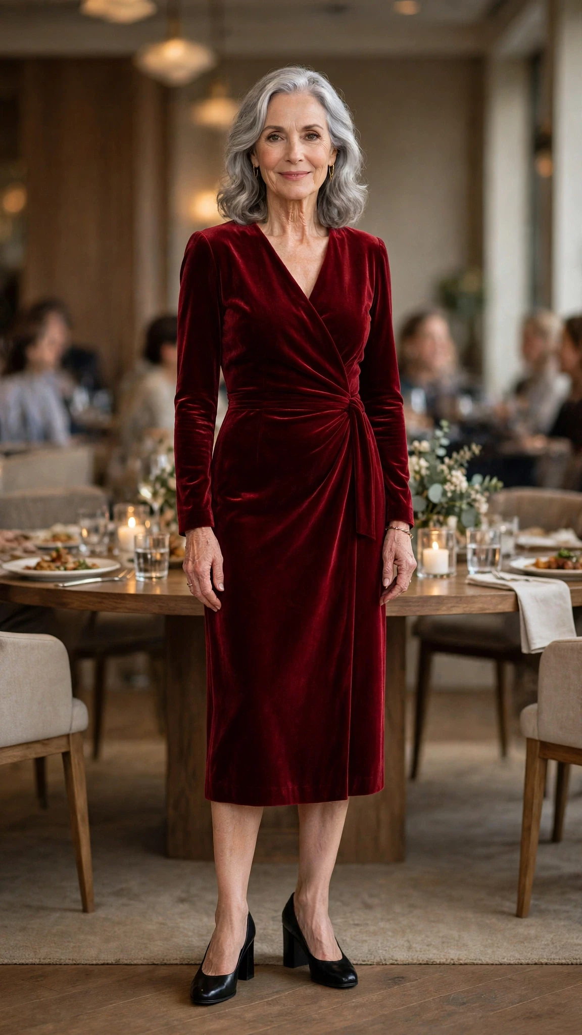 33 Women Over 60 Red Dress Outfits for Valentine Dinners That Are Chic, Romantic and Elegant 30 Burgundy Red Velvet Midi Dress with black block-heel pumps