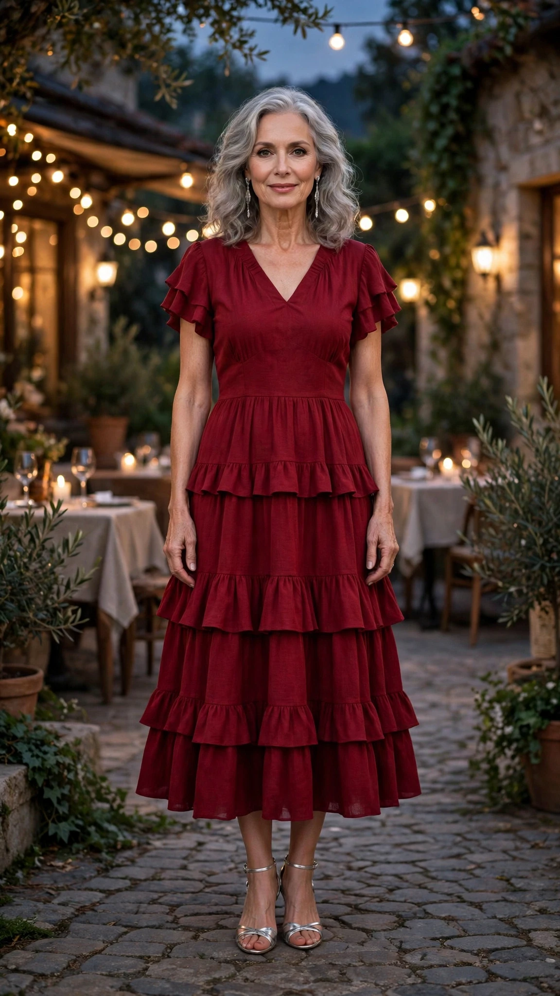 33 Women Over 60 Red Dress Outfits for Valentine Dinners That Are Chic, Romantic and Elegant 31 Wine Red Tiered Midi Dress with silver drop earrings