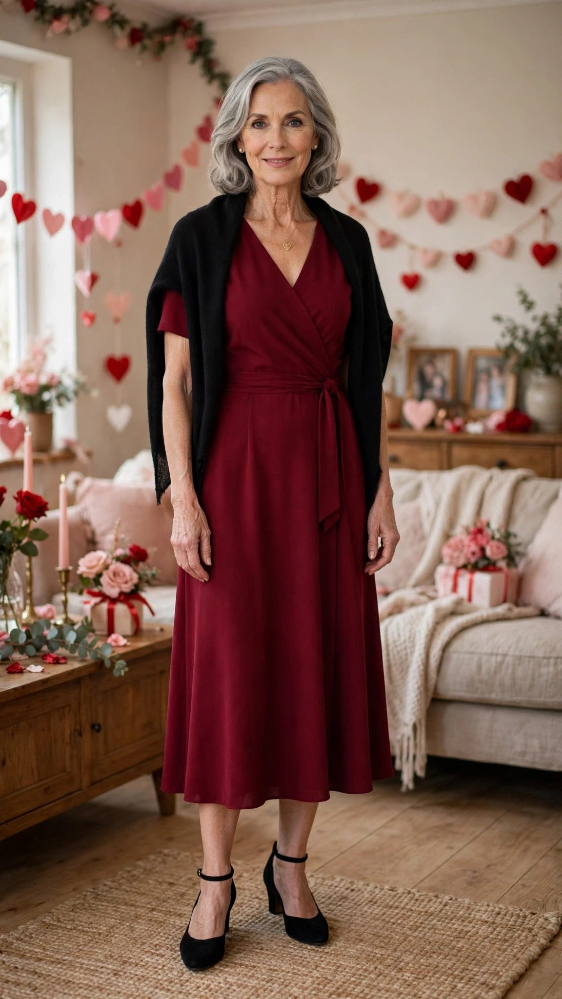 33 Women Over 60 Red Dress Outfits for Valentine Dinners That Are Chic, Romantic and Elegant 32 Burgundy Red Crepe Midi Dress with a soft black shawl