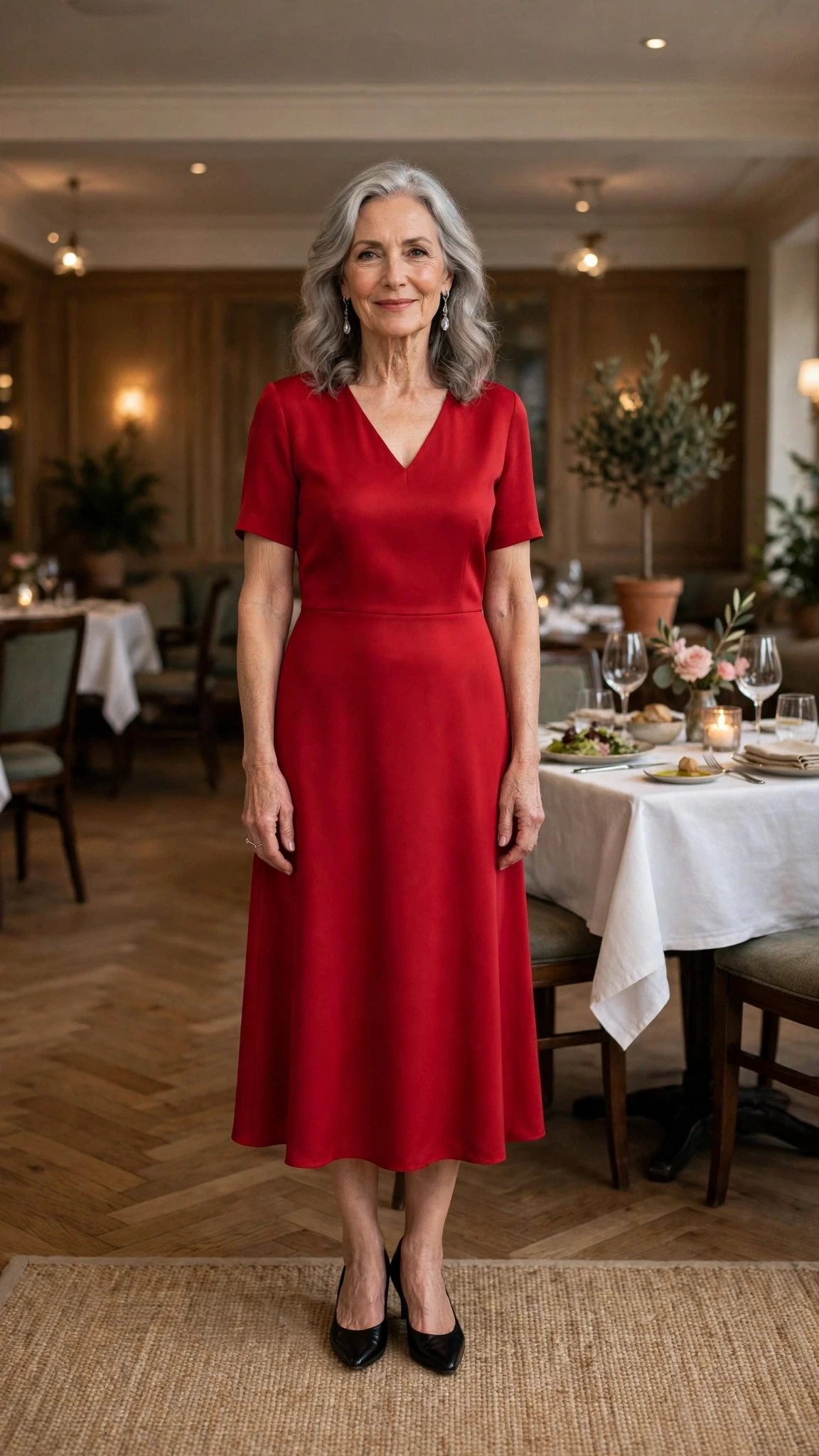 33 Women Over 60 Red Dress Outfits for Valentine Dinners That Are Chic, Romantic and Elegant 33 Cherry Red V-Neck Midi Dress with silver drop earrings