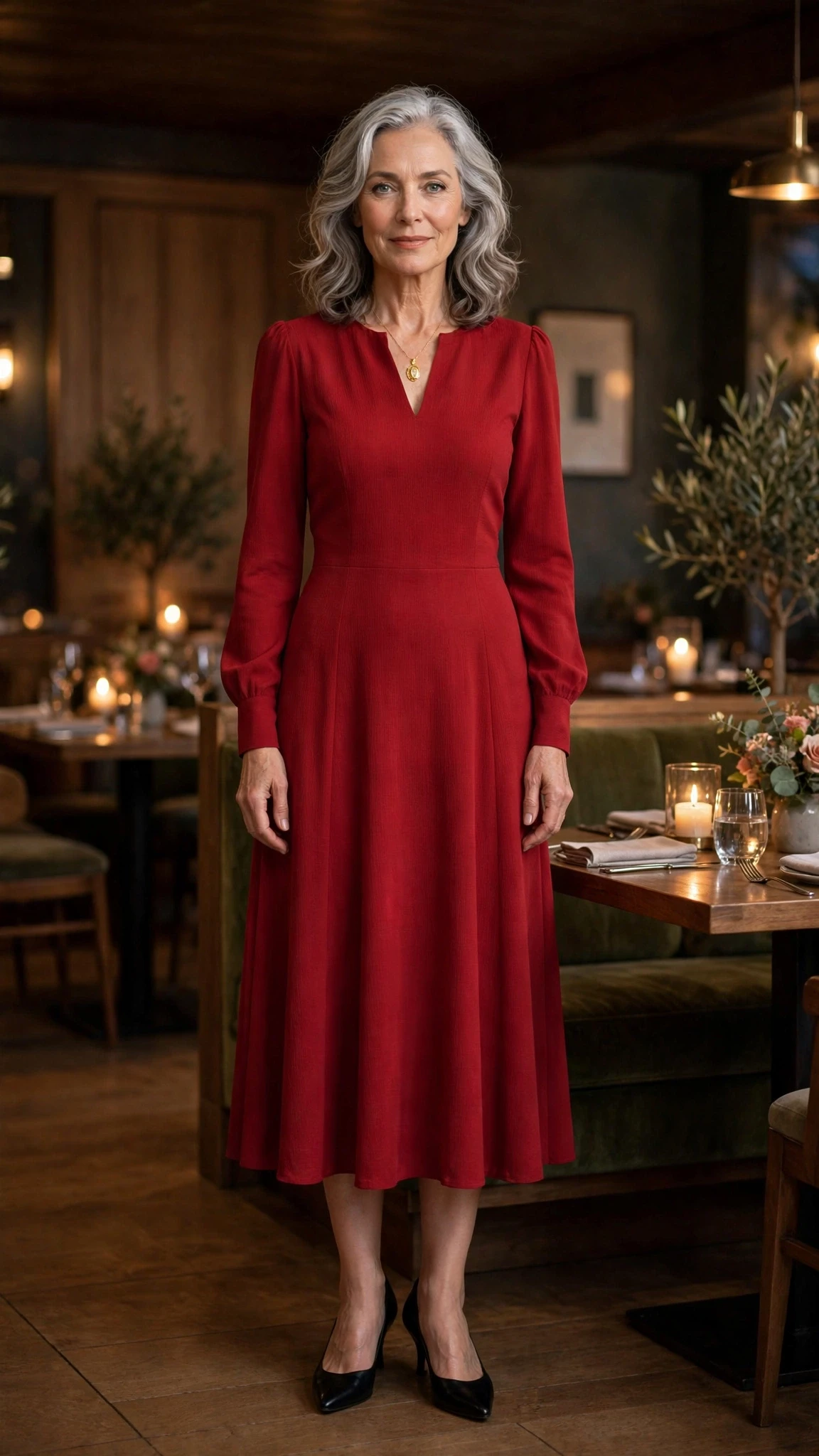 33 Women Over 60 Red Dress Outfits for Valentine Dinners That Are Chic, Romantic and Elegant 34 Scarlet Long-Sleeve Midi Dress with a gold pendant necklace