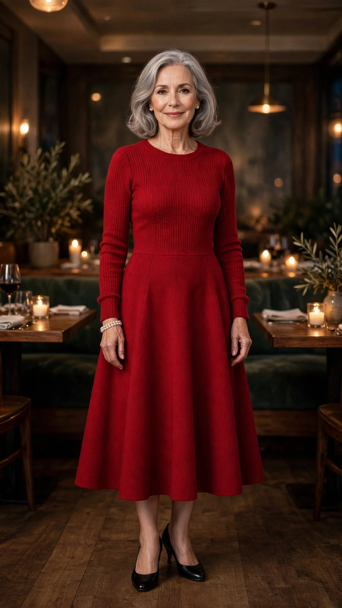 Red Knit Fit-and-Flare Dress with a pearl bracelet