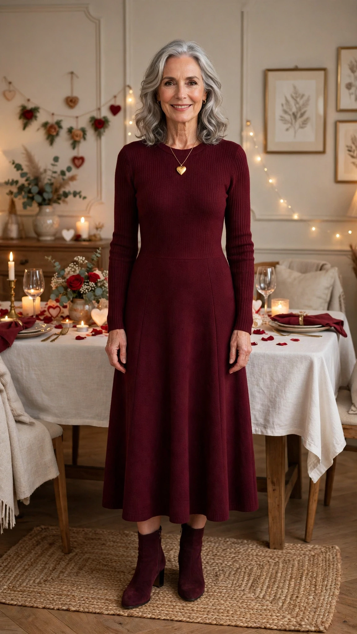Burgundy Knit Fit-and-Flare Dress with a gold pendant necklace