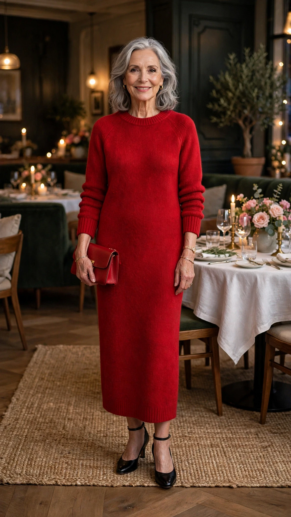 Red Sweater Dress with a red clutch
