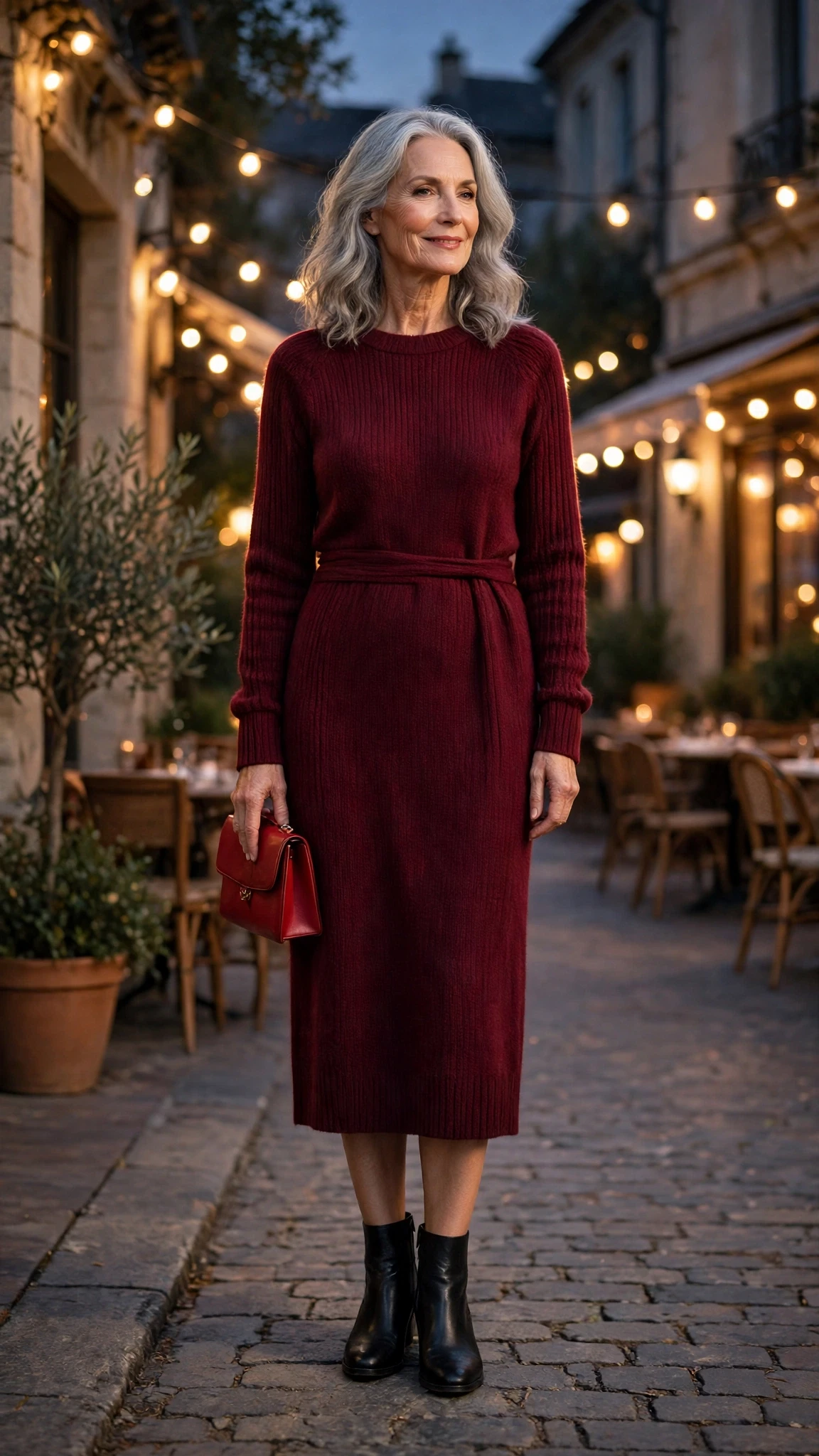 Wine Sweater Dress with a red clutch