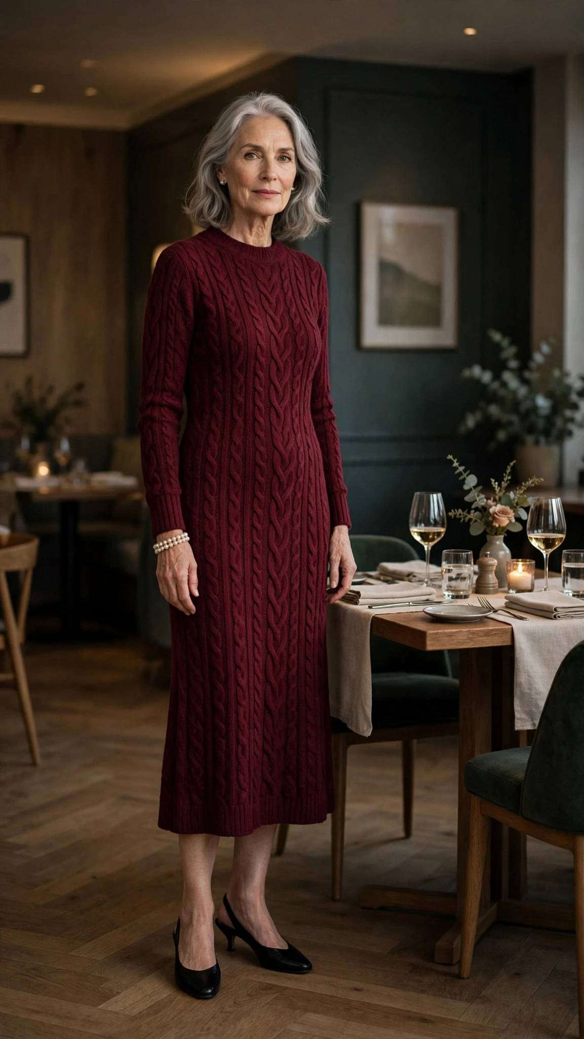 Burgundy Cable-Knit Midi Dress with a pearl bracelet
