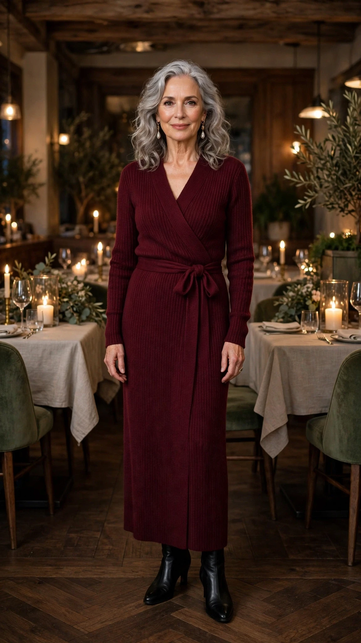 Wine Knit Wrap Dress with pearl drop earrings