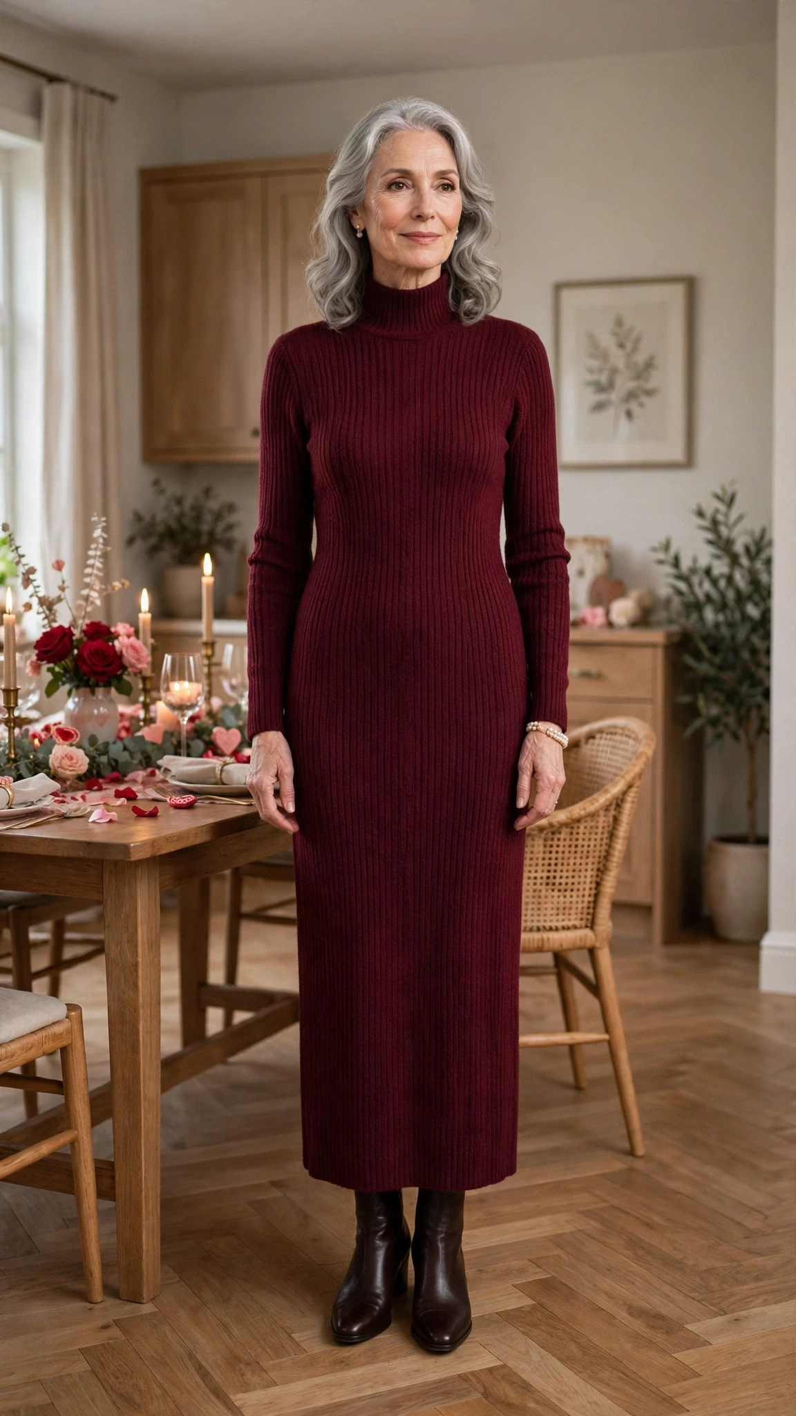 Wine Ribbed Knit Dress with a pearl bracelet
