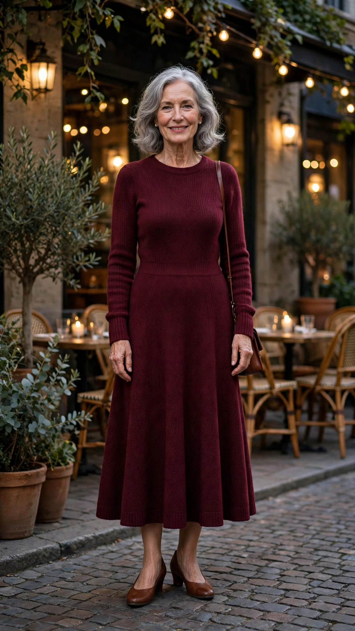 Burgundy Knit Fit-and-Flare Dress with comfortable low heels