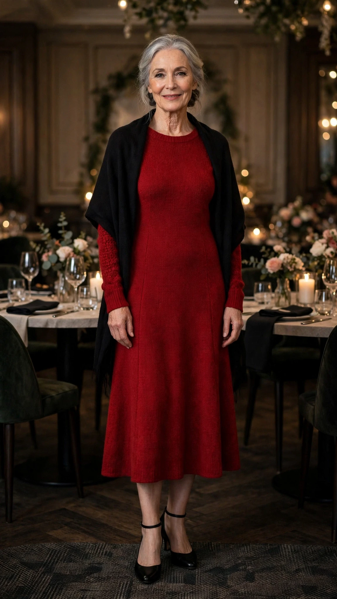 Red Knit Midi Dress with a soft black shawl