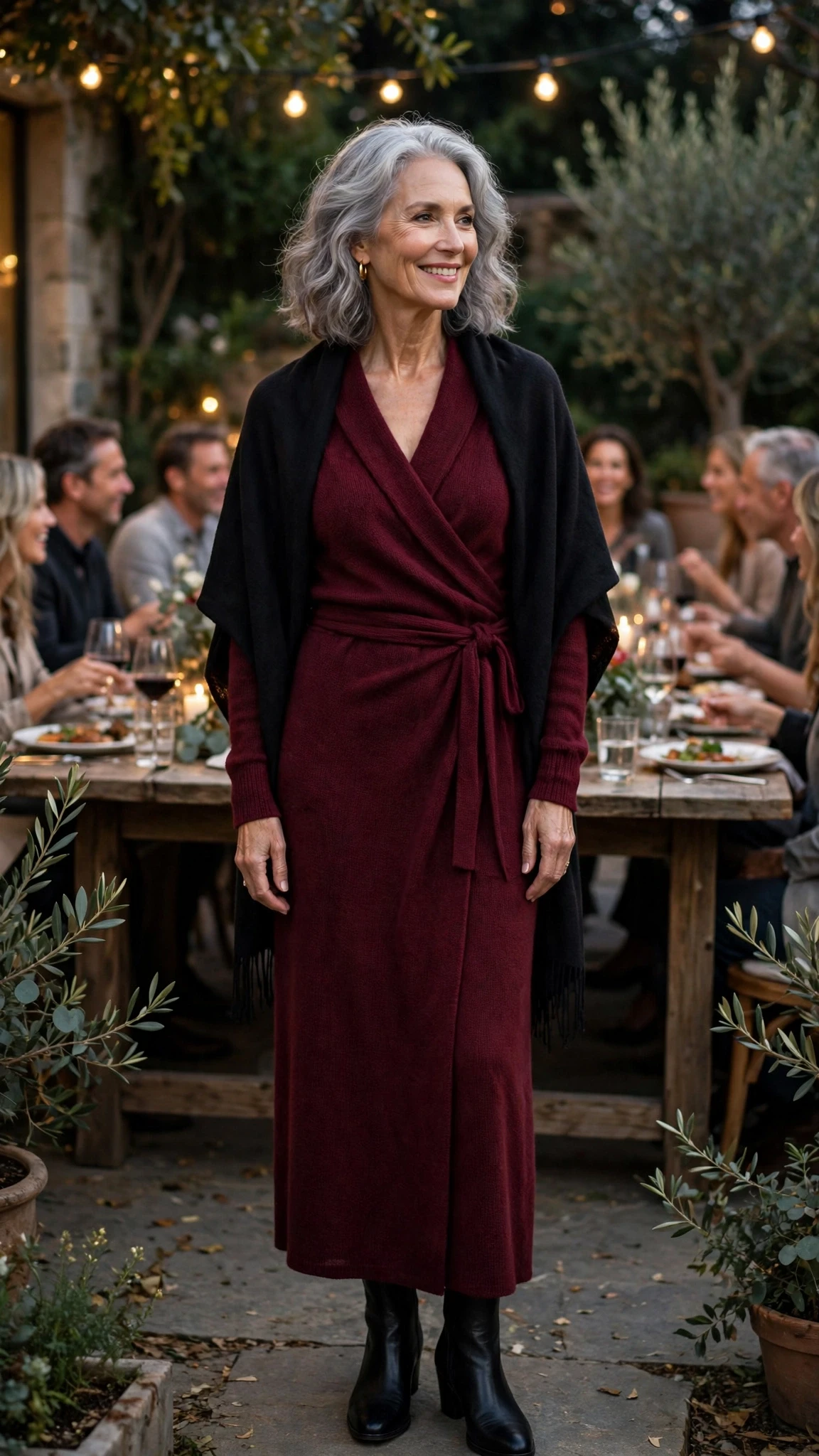 Burgundy Knit Wrap Dress with a soft black shawl