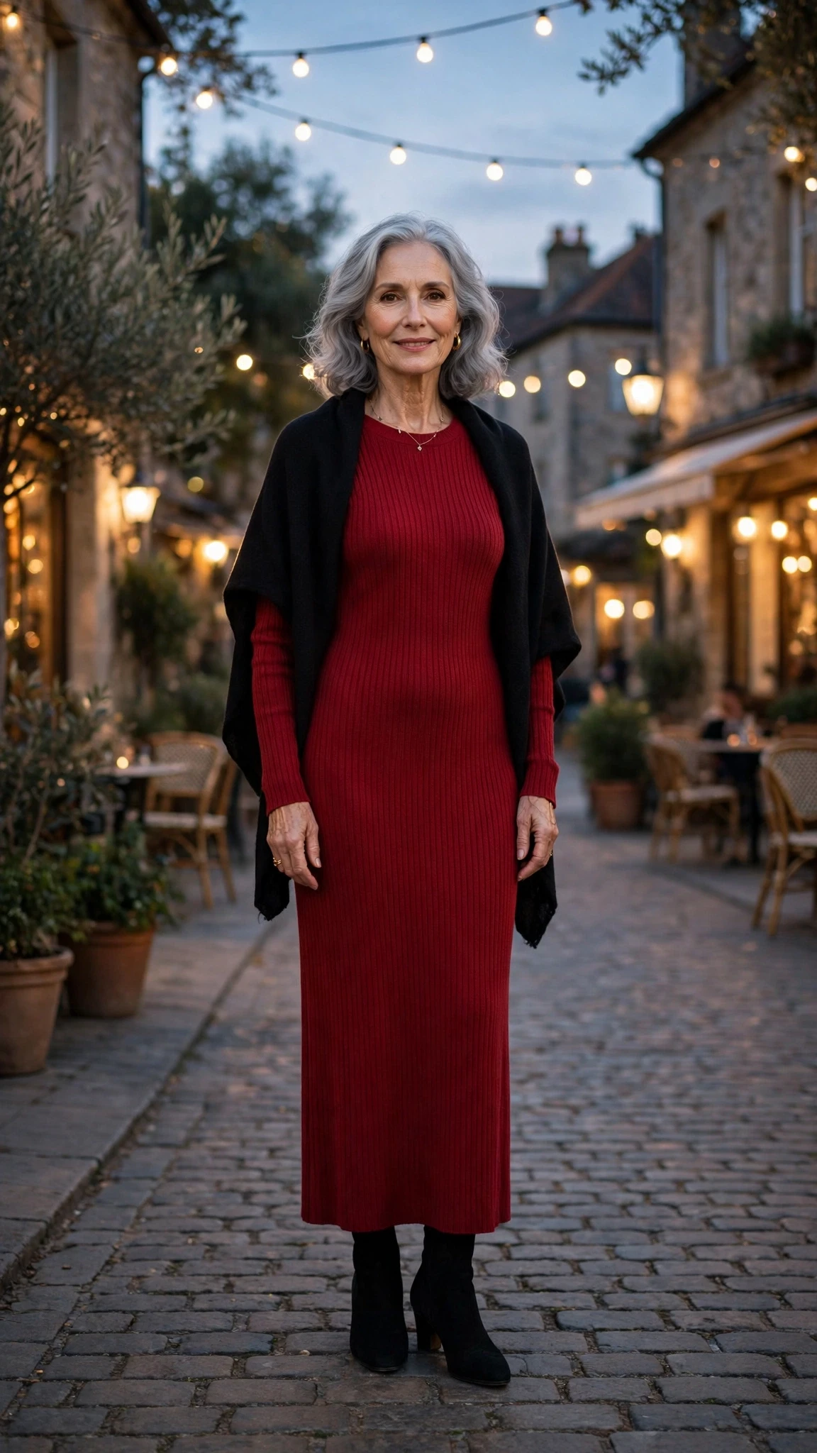 Cherry Ribbed Knit Dress with a soft black shawl