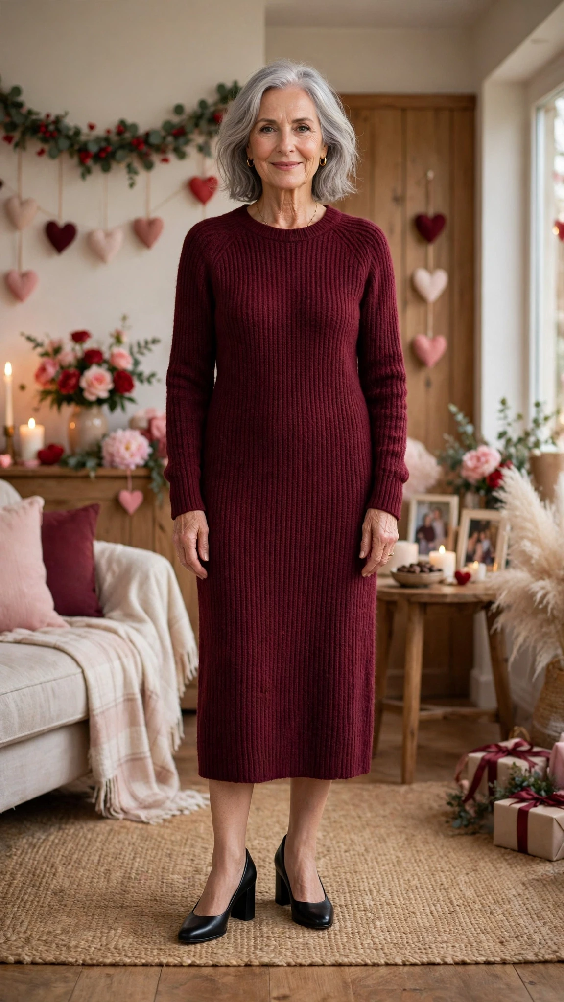 Burgundy Long-Sleeve Knit Dress with black block-heel pumps