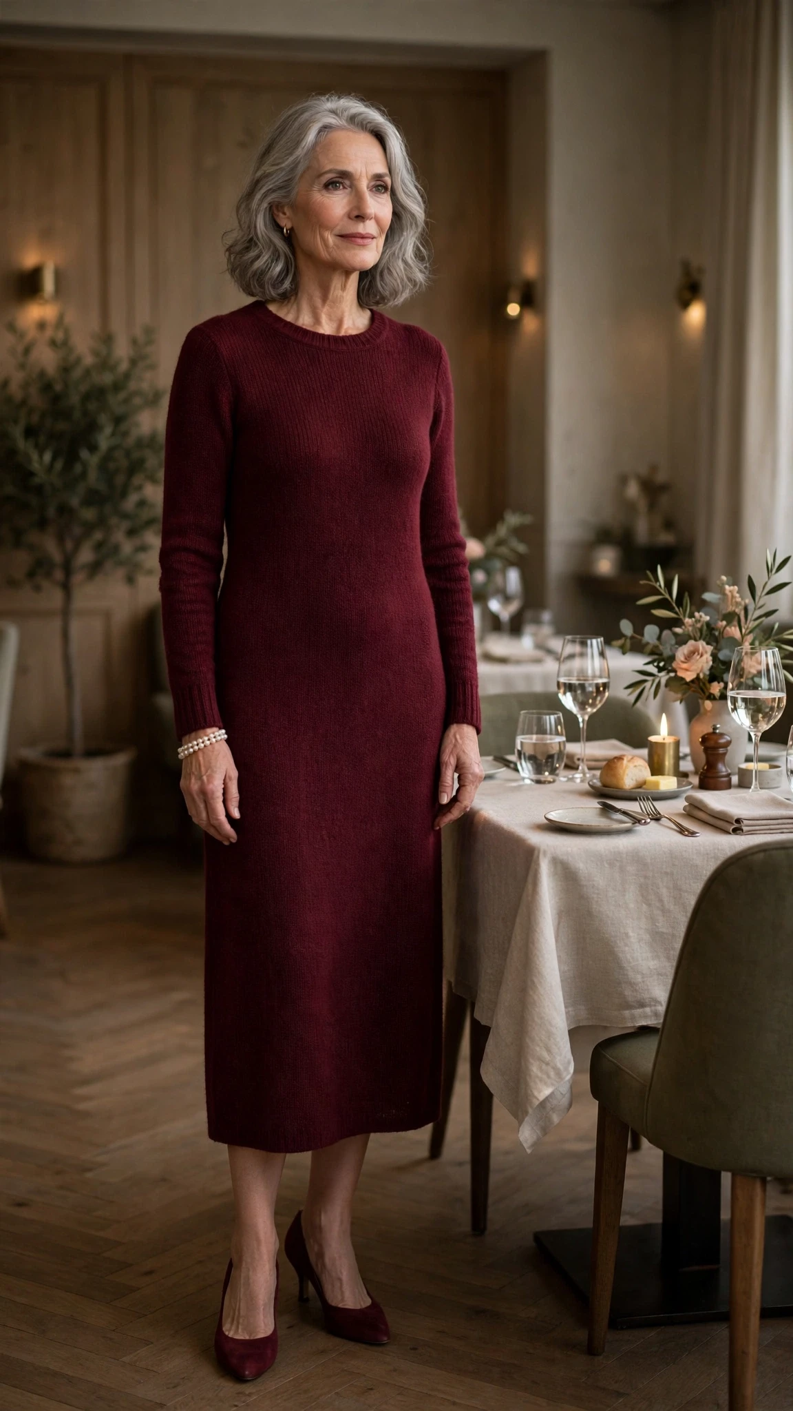 Burgundy Knit Shift Dress with a pearl bracelet