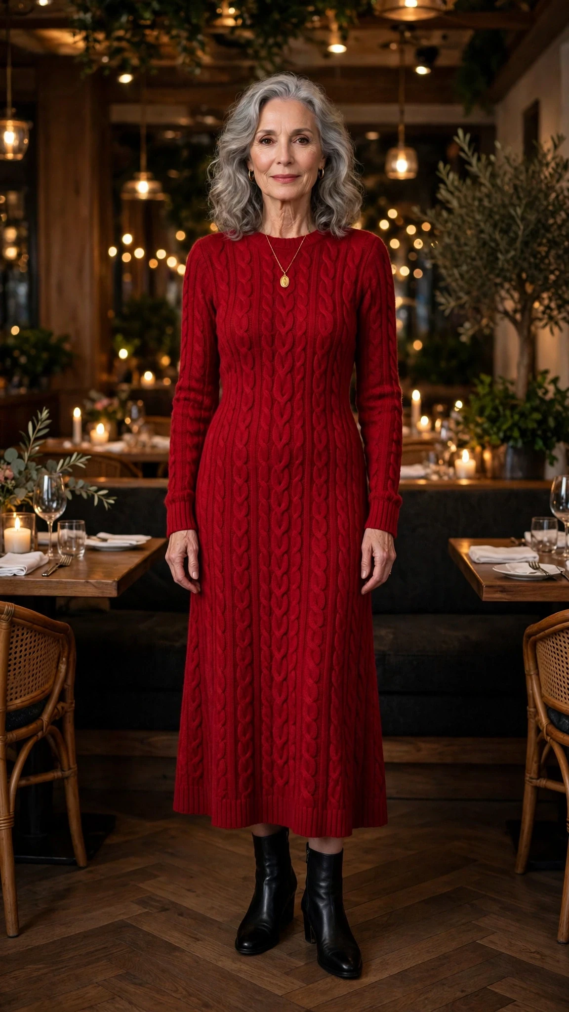 Crimson Cable-Knit Midi Dress with a gold pendant necklace
