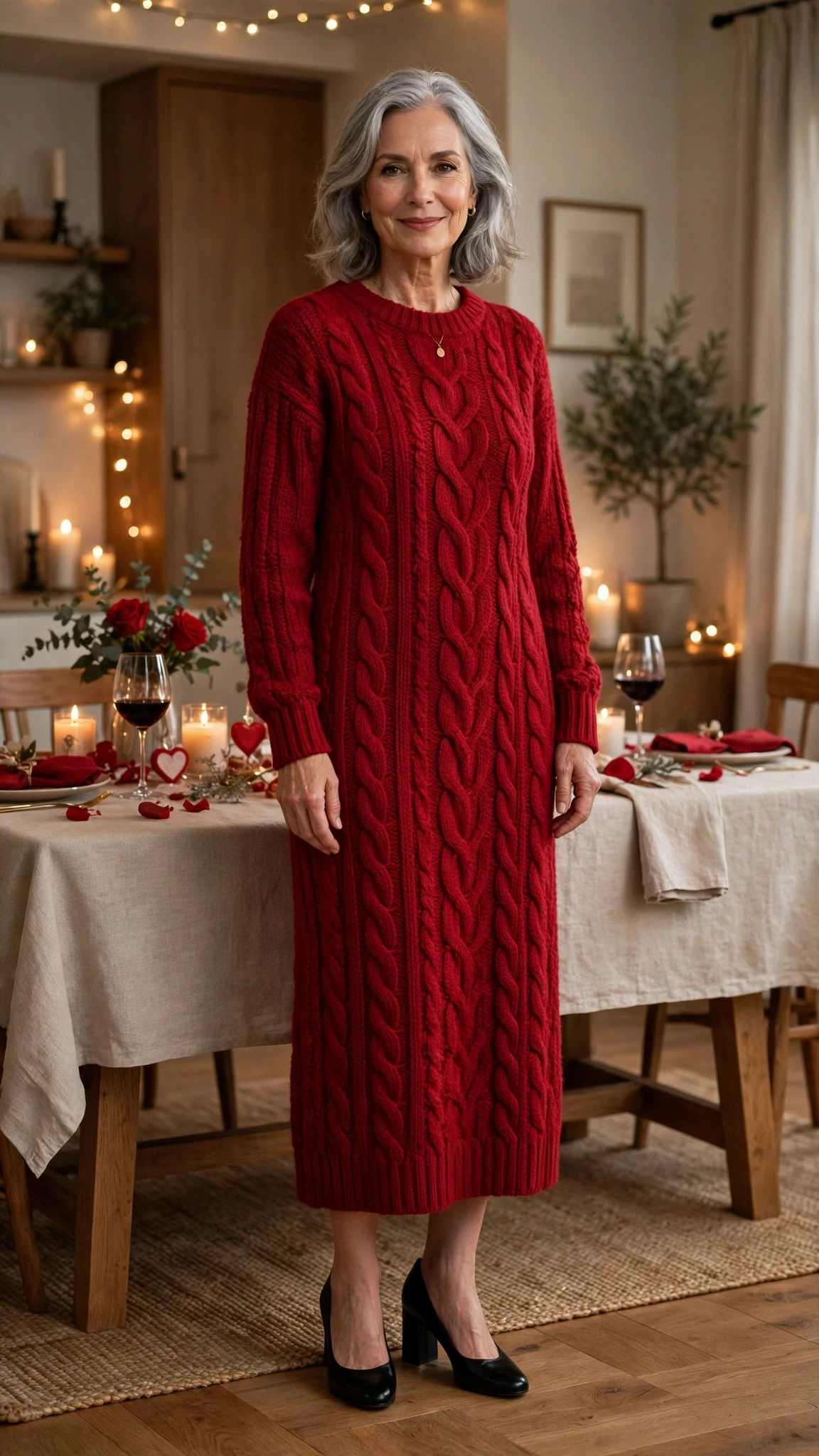 Crimson Chunky Knit Dress with black block-heel pumps