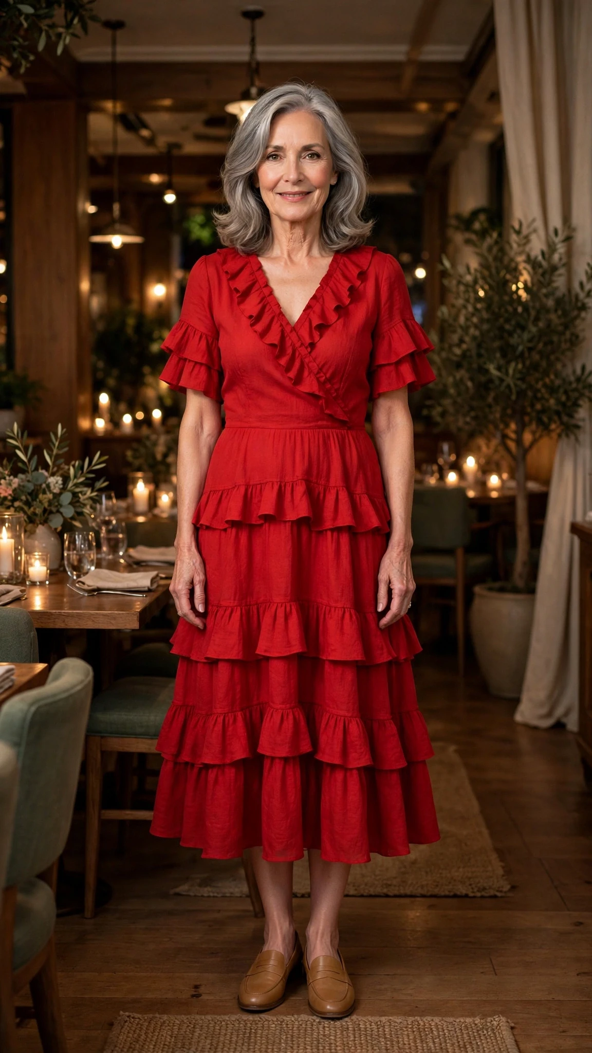 Scarlet Tiered Midi Dress with tan leather loafers