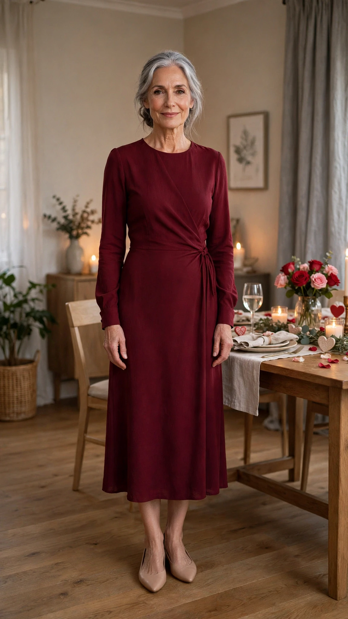 Wine Long-Sleeve Midi Dress with nude pointed flats