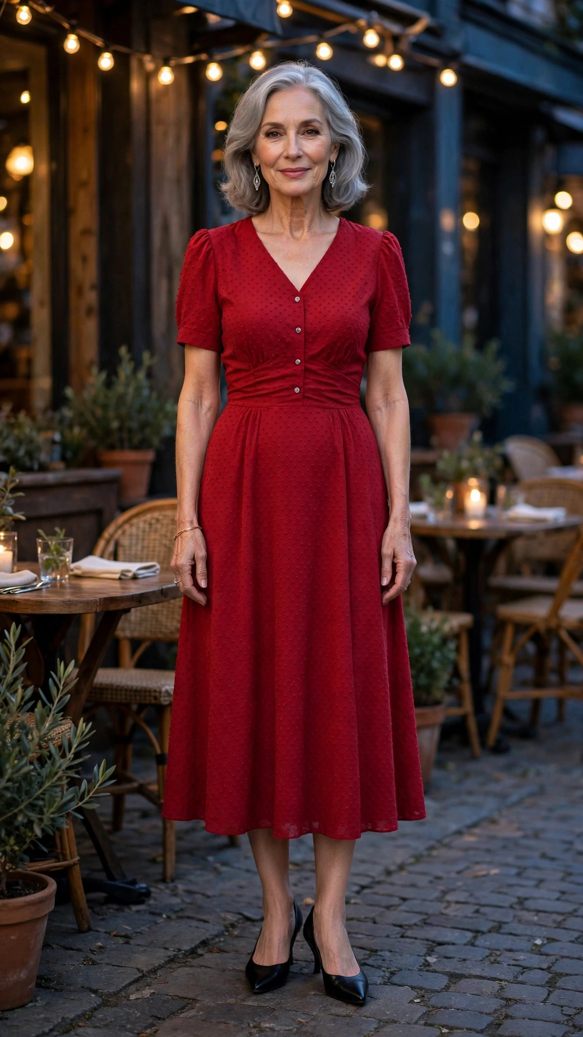 Cherry Midi Dress with silver drop earrings