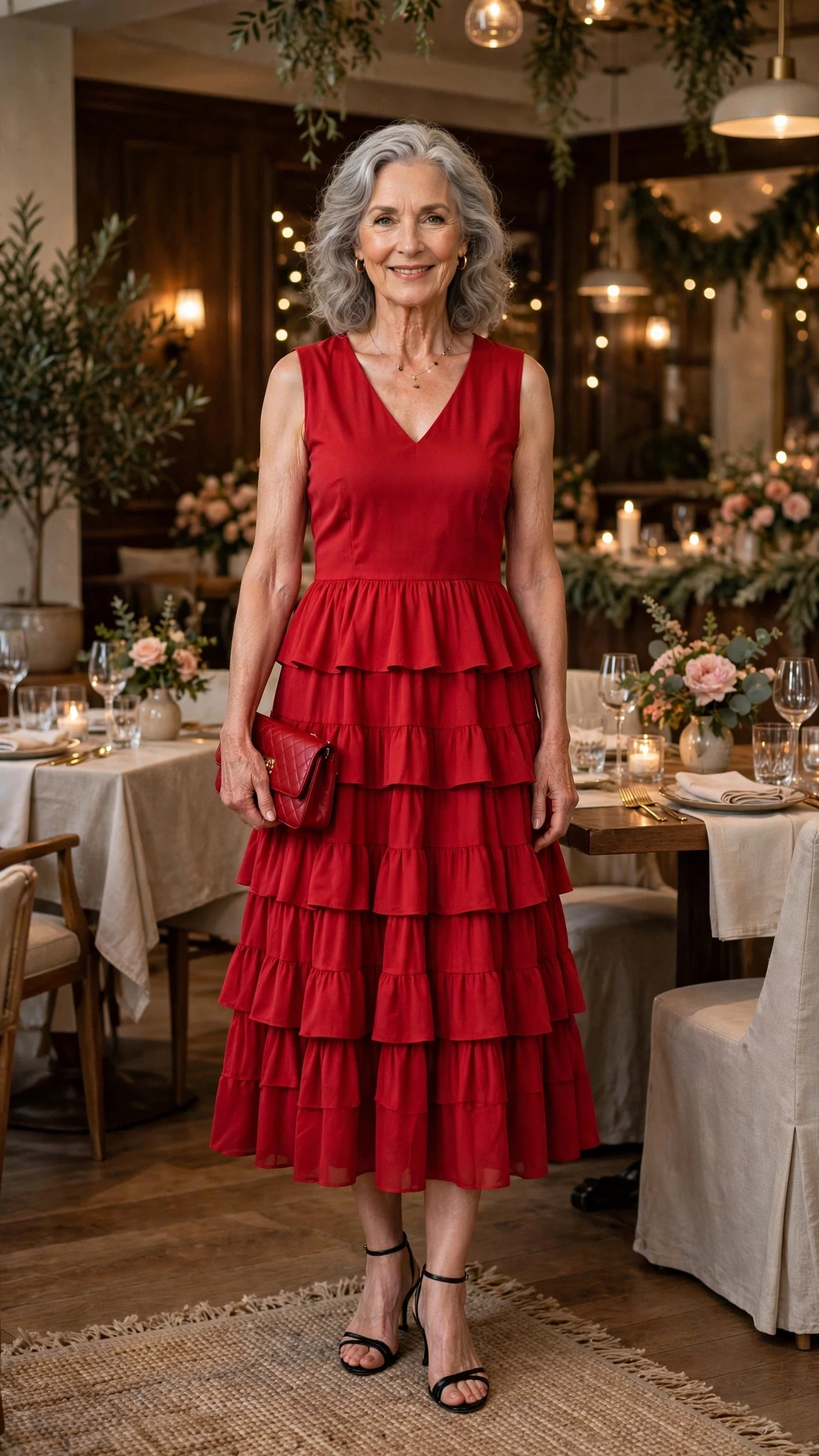 Red Tiered Midi Dress with a red clutch