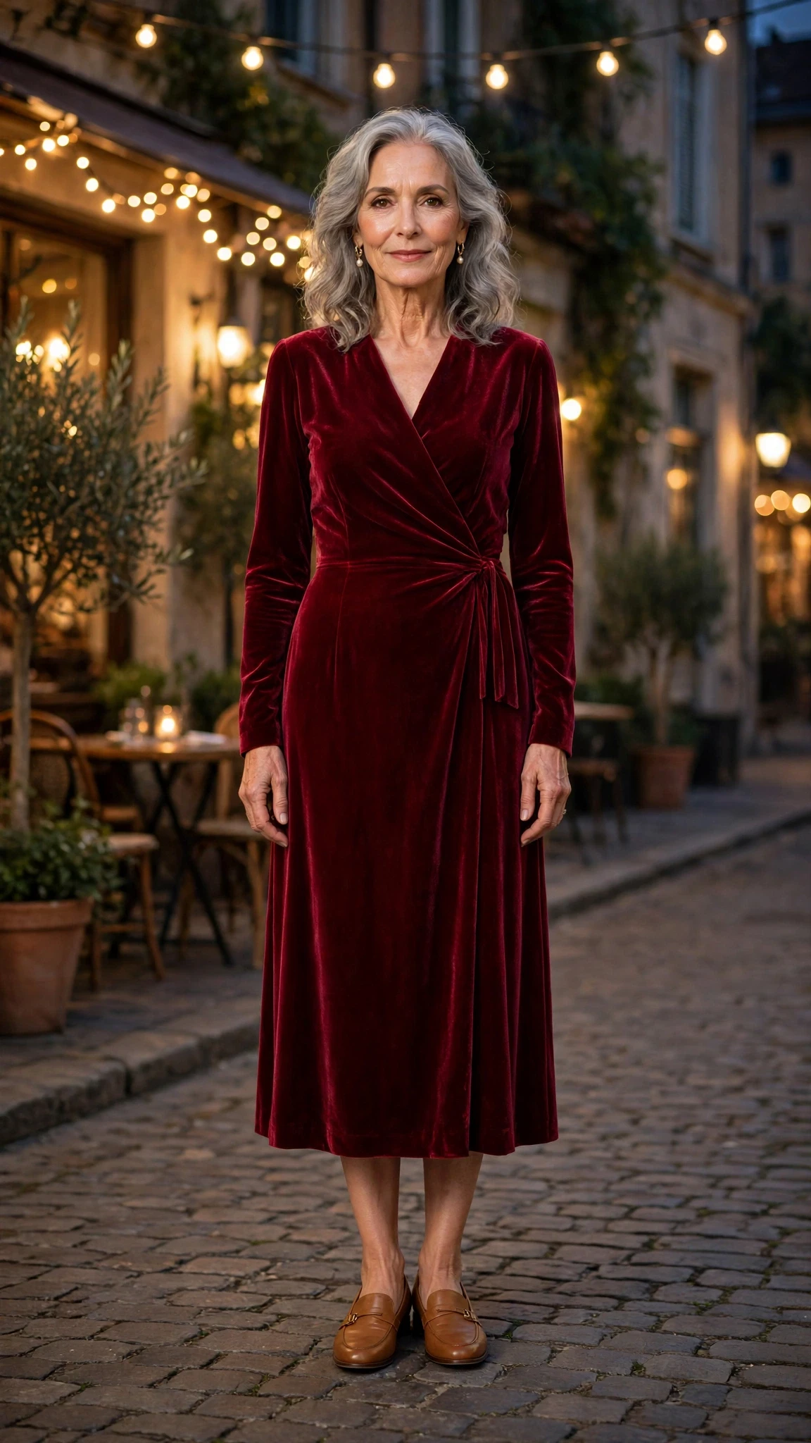 Ruby Velvet Midi Dress with tan leather loafers