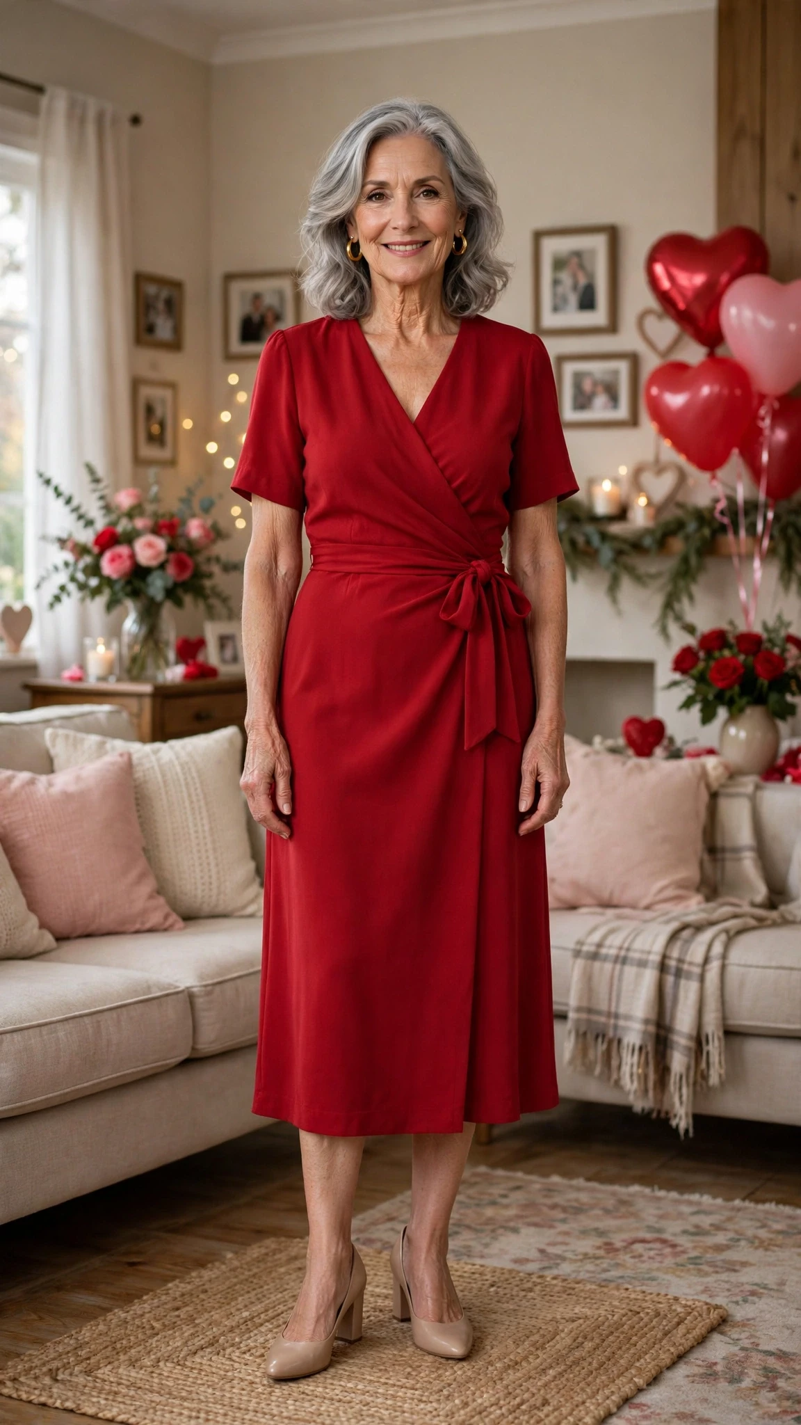 Scarlet Midi Wrap Dress with gold hoop earrings