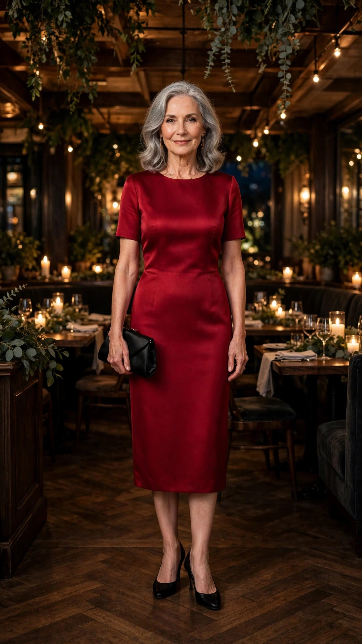 Ruby Midi Sheath Dress with a black satin clutch