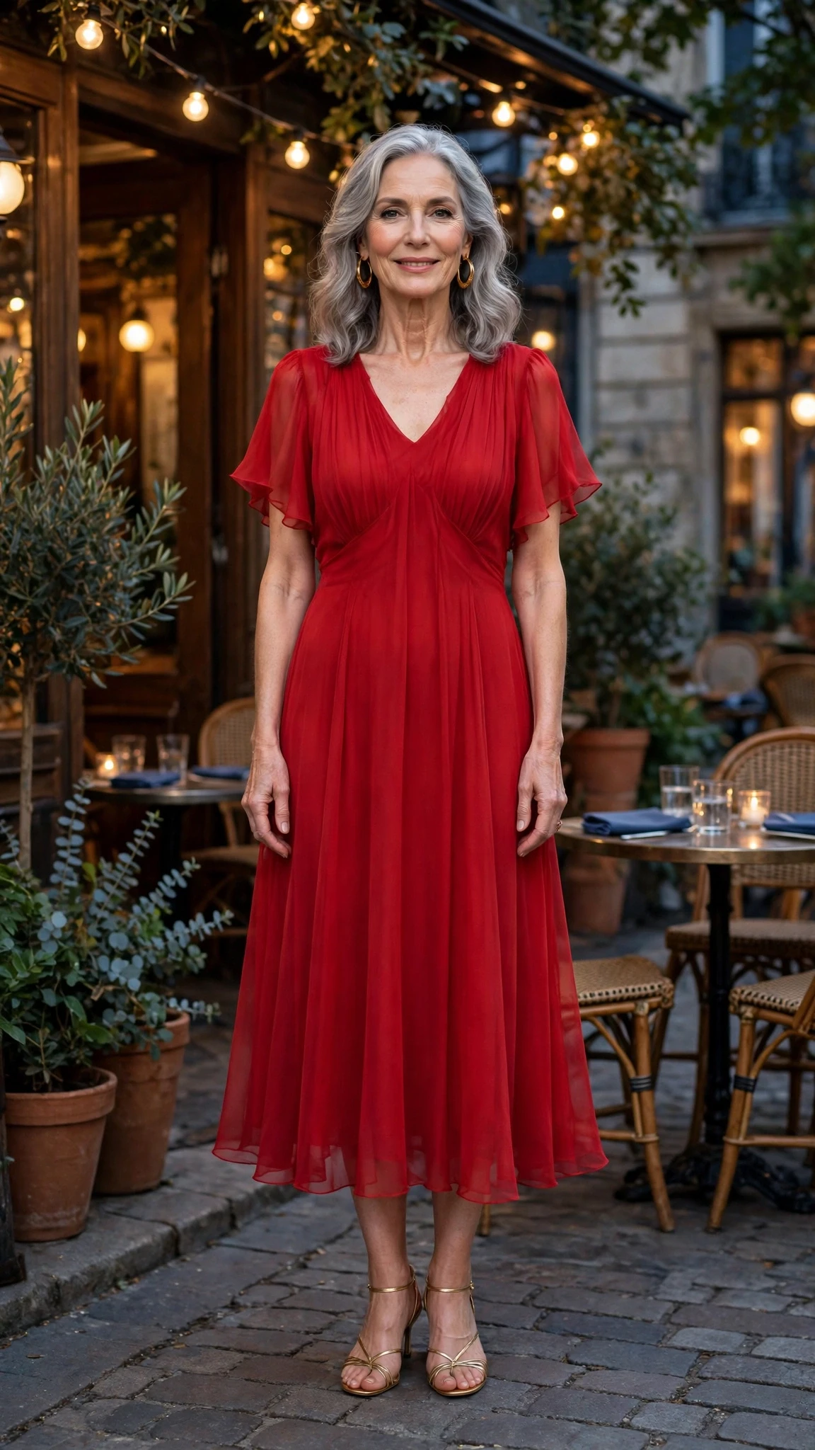 Scarlet Chiffon Midi Dress with gold hoop earrings