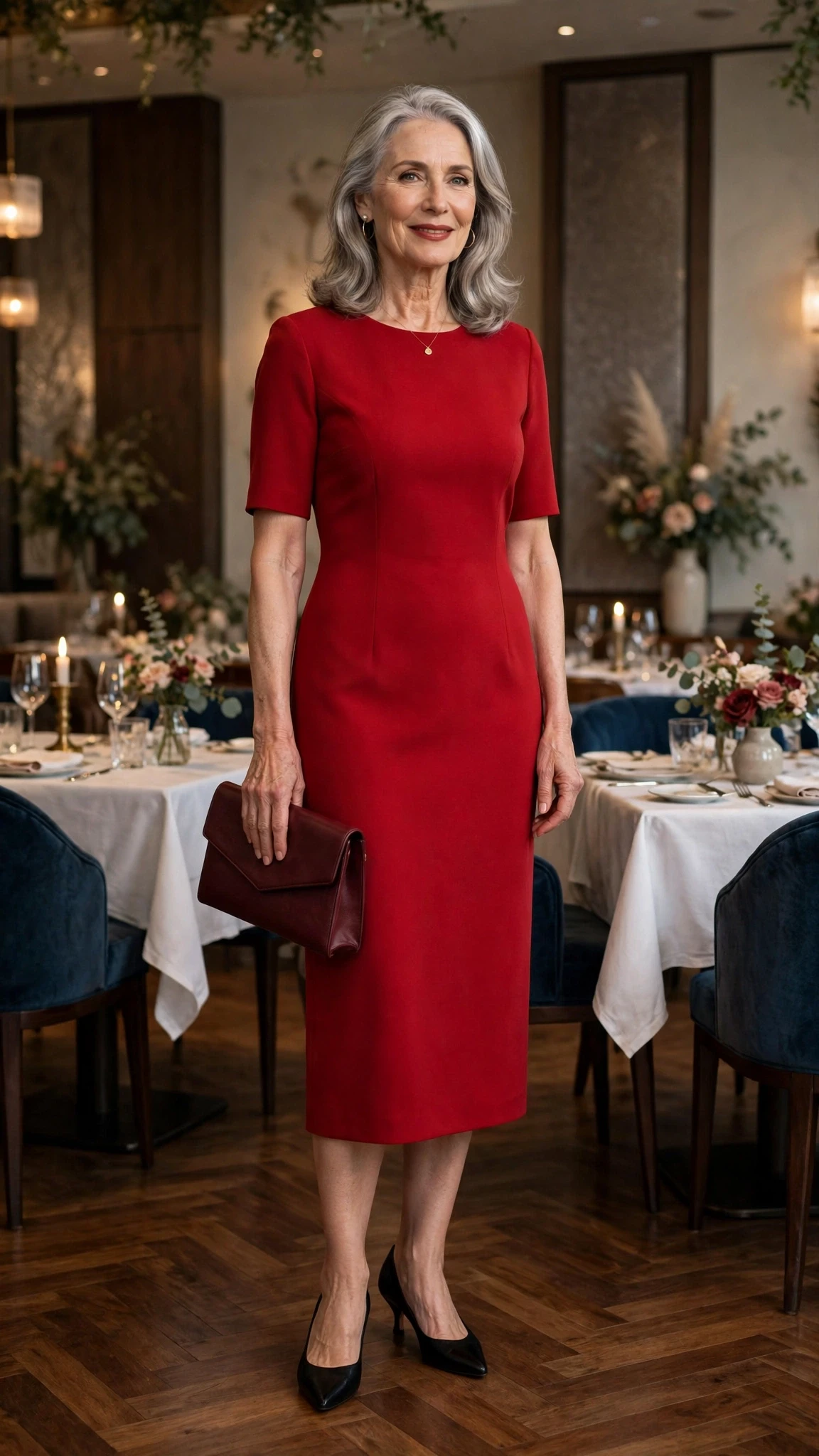 Scarlet Midi Sheath Dress with a burgundy clutch
