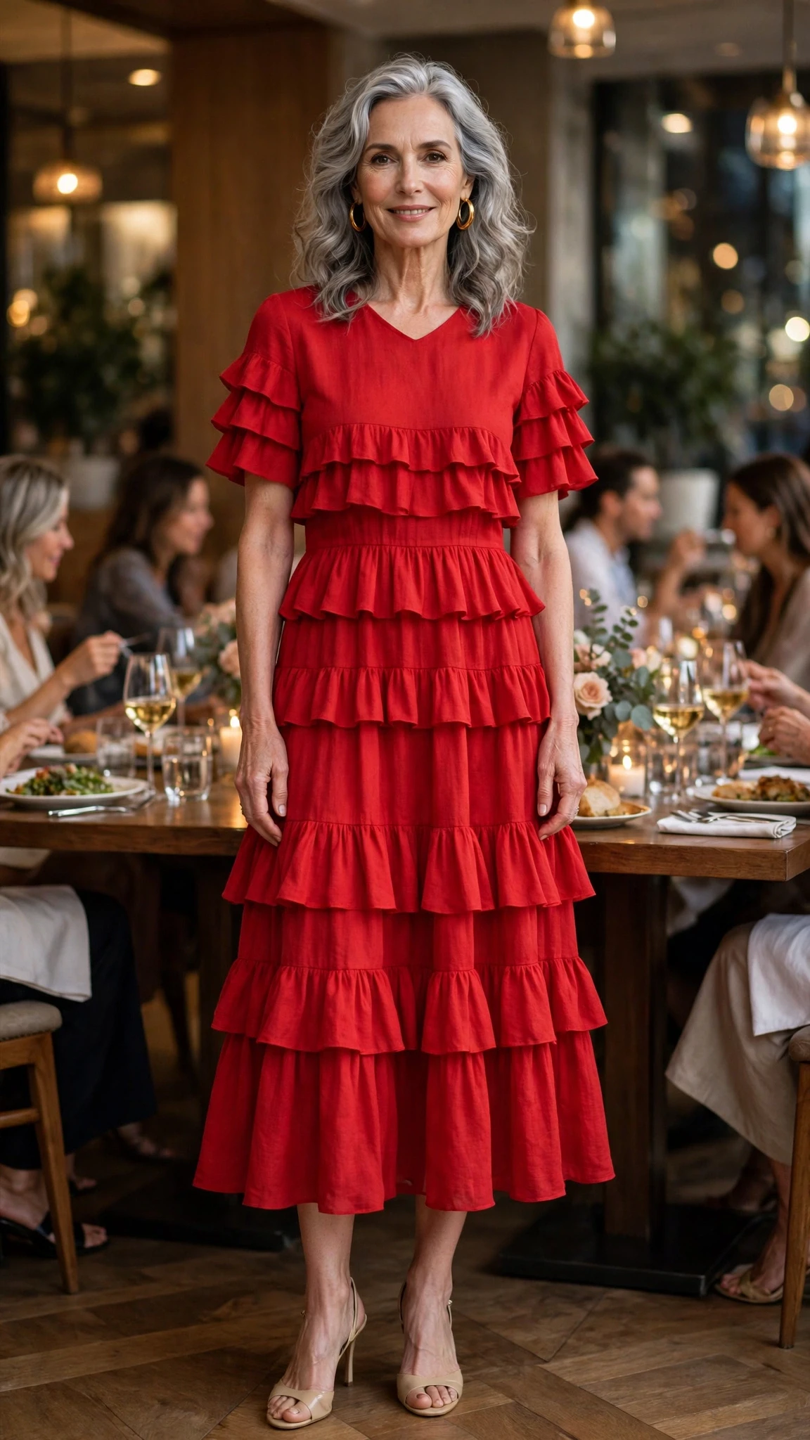 Scarlet Tiered Midi Dress with gold hoop earrings