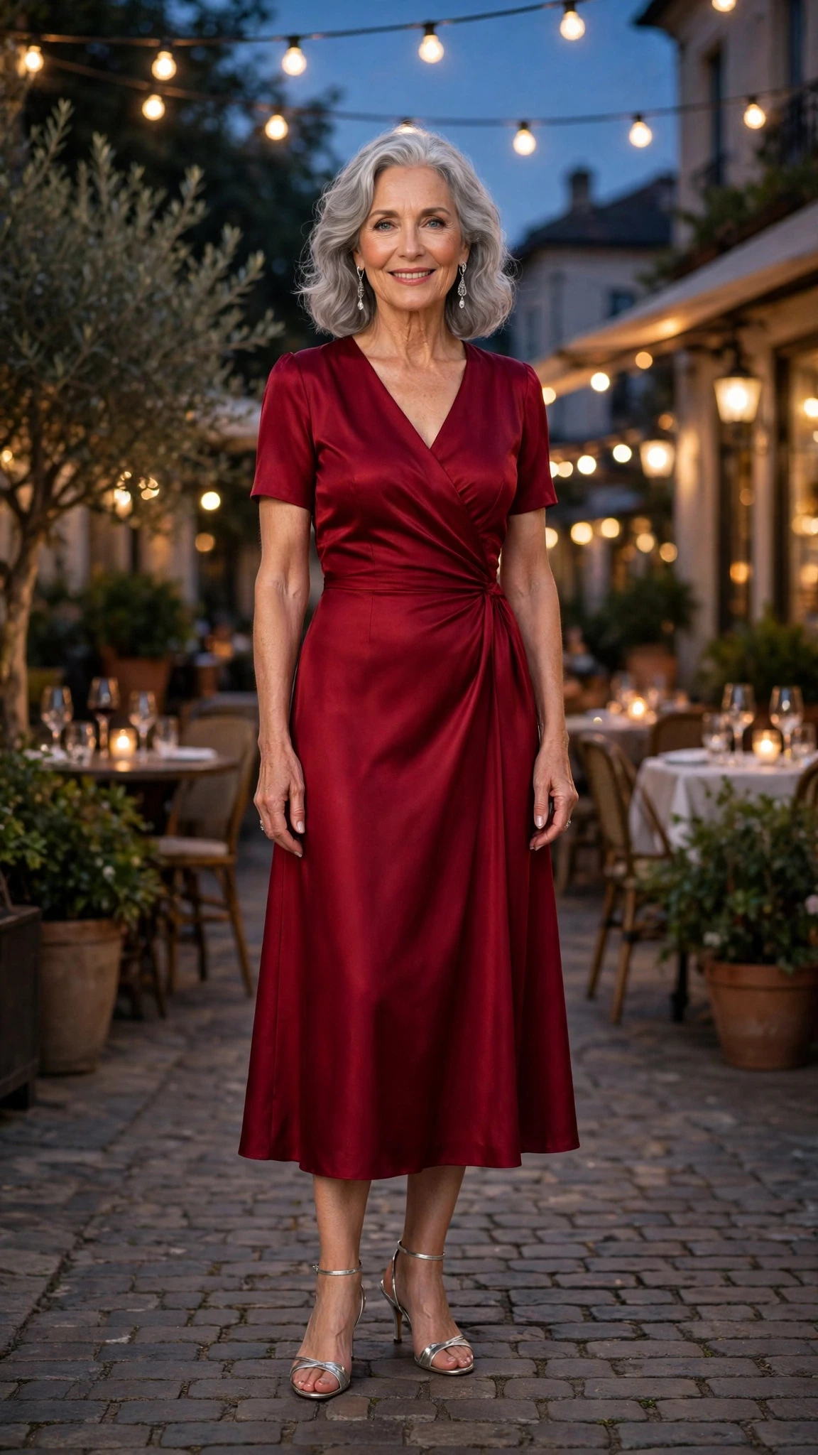 Ruby Midi Dress with silver drop earrings