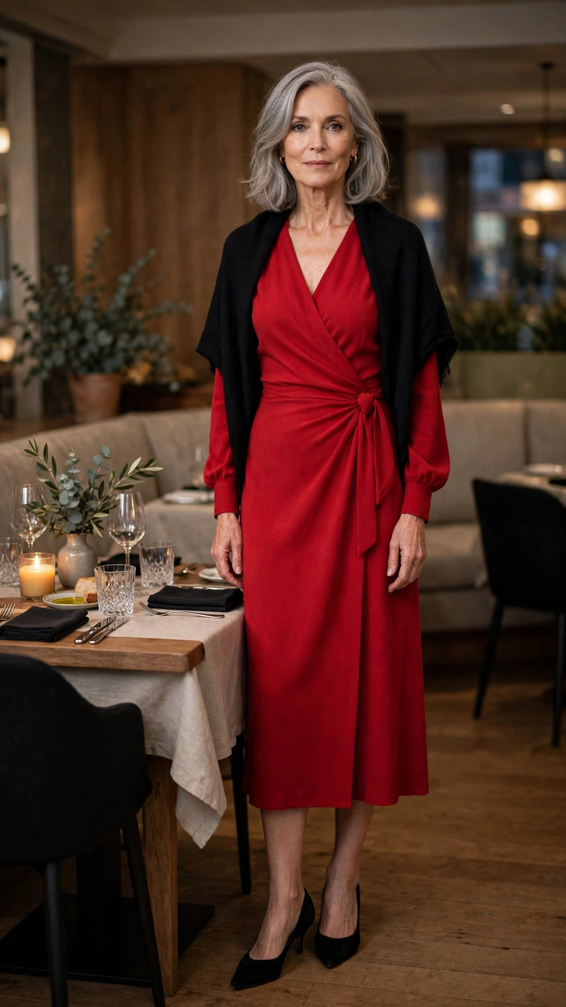 Scarlet Midi Wrap Dress with a soft black shawl
