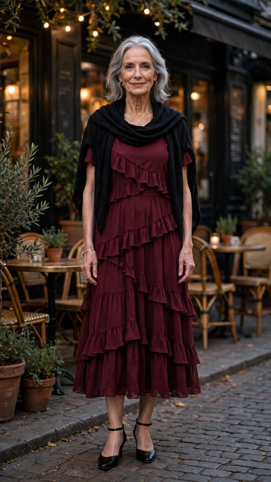 Wine Tiered Midi Dress with a soft black shawl