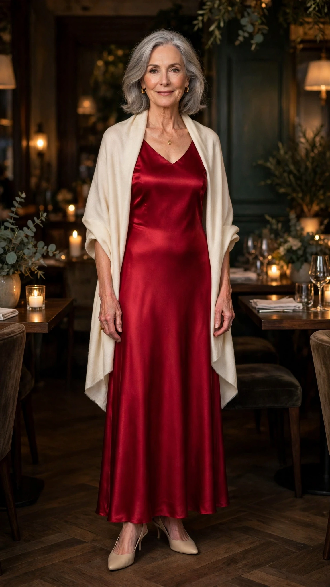 50 Women Over 60 Red Satin Dress Outfits for Valentine Dates That Are Chic, Romantic and Elegant 2 Crimson Satin Maxi Dress with a cream wrap