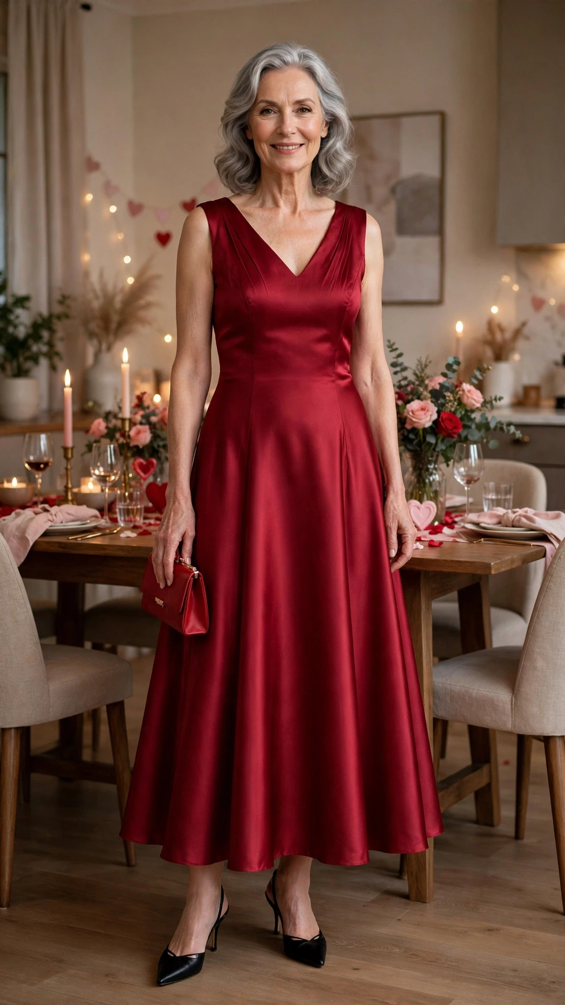 50 Women Over 60 Red Satin Dress Outfits for Valentine Dates That Are Chic, Romantic and Elegant 3 Wine Satin A-Line Dress with a red clutch