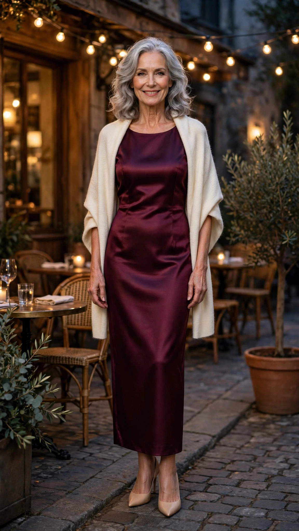 50 Women Over 60 Red Satin Dress Outfits for Valentine Dates That Are Chic, Romantic and Elegant 4 Wine Satin Sheath Dress with a cream wrap