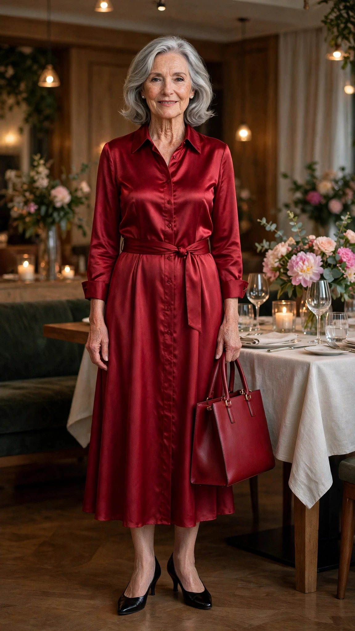 50 Women Over 60 Red Satin Dress Outfits for Valentine Dates That Are Chic, Romantic and Elegant 5 Cherry Satin Shirt Dress with a structured tote