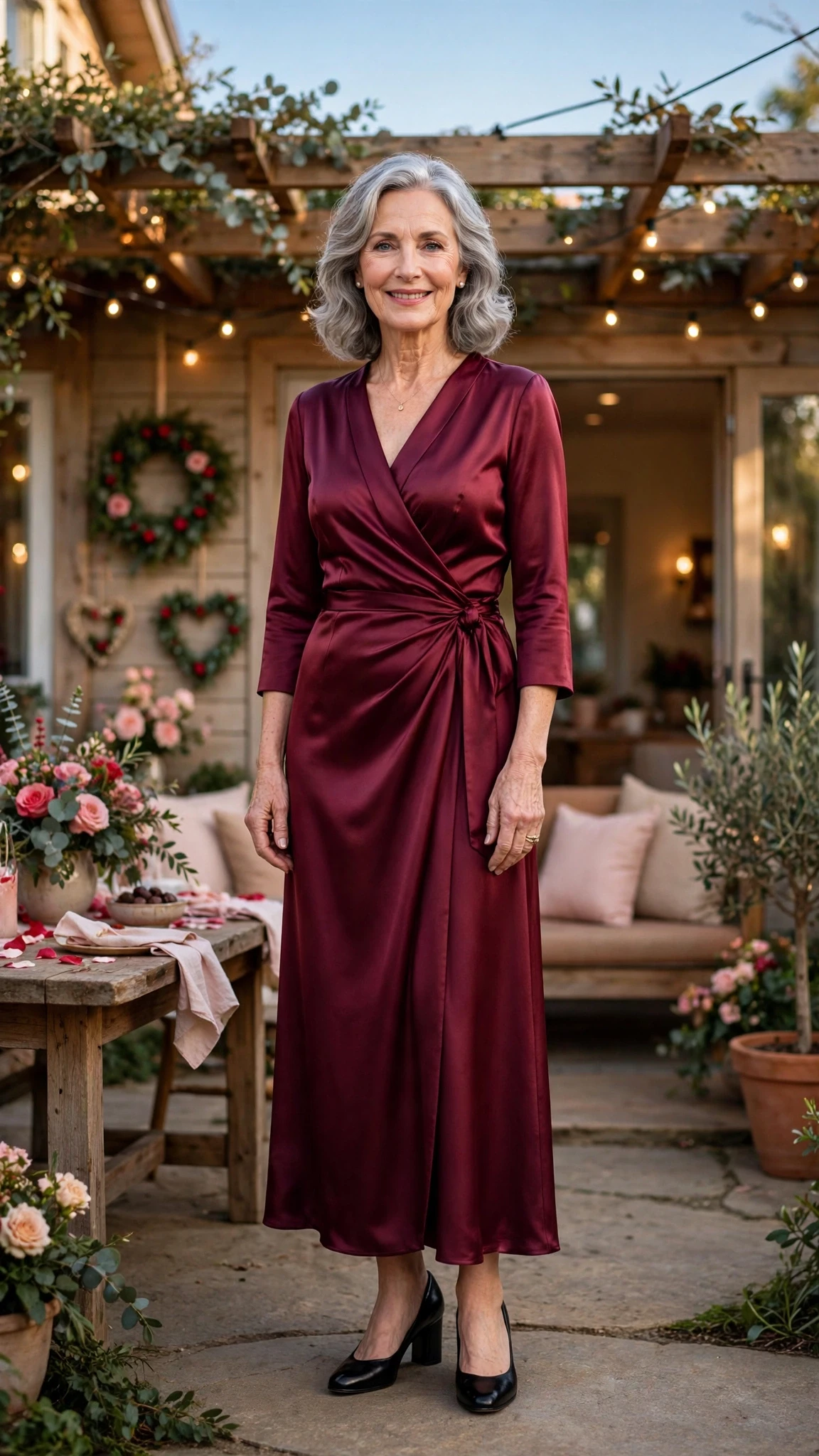 50 Women Over 60 Red Satin Dress Outfits for Valentine Dates That Are Chic, Romantic and Elegant 8 Wine Satin Wrap Dress with black block-heel pumps