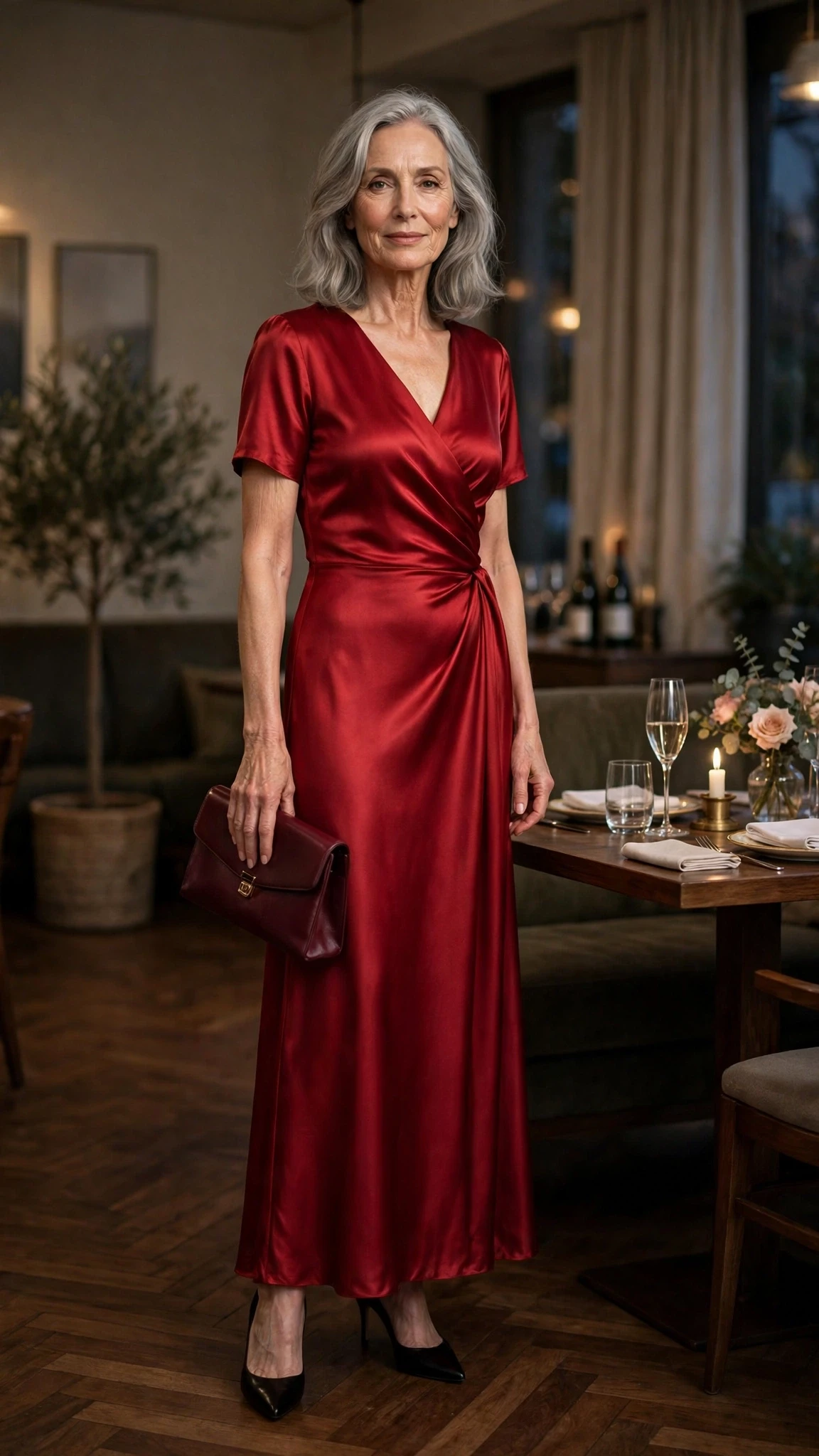 50 Women Over 60 Red Satin Dress Outfits for Valentine Dates That Are Chic, Romantic and Elegant 9 Scarlet Satin Maxi Dress with a burgundy clutch
