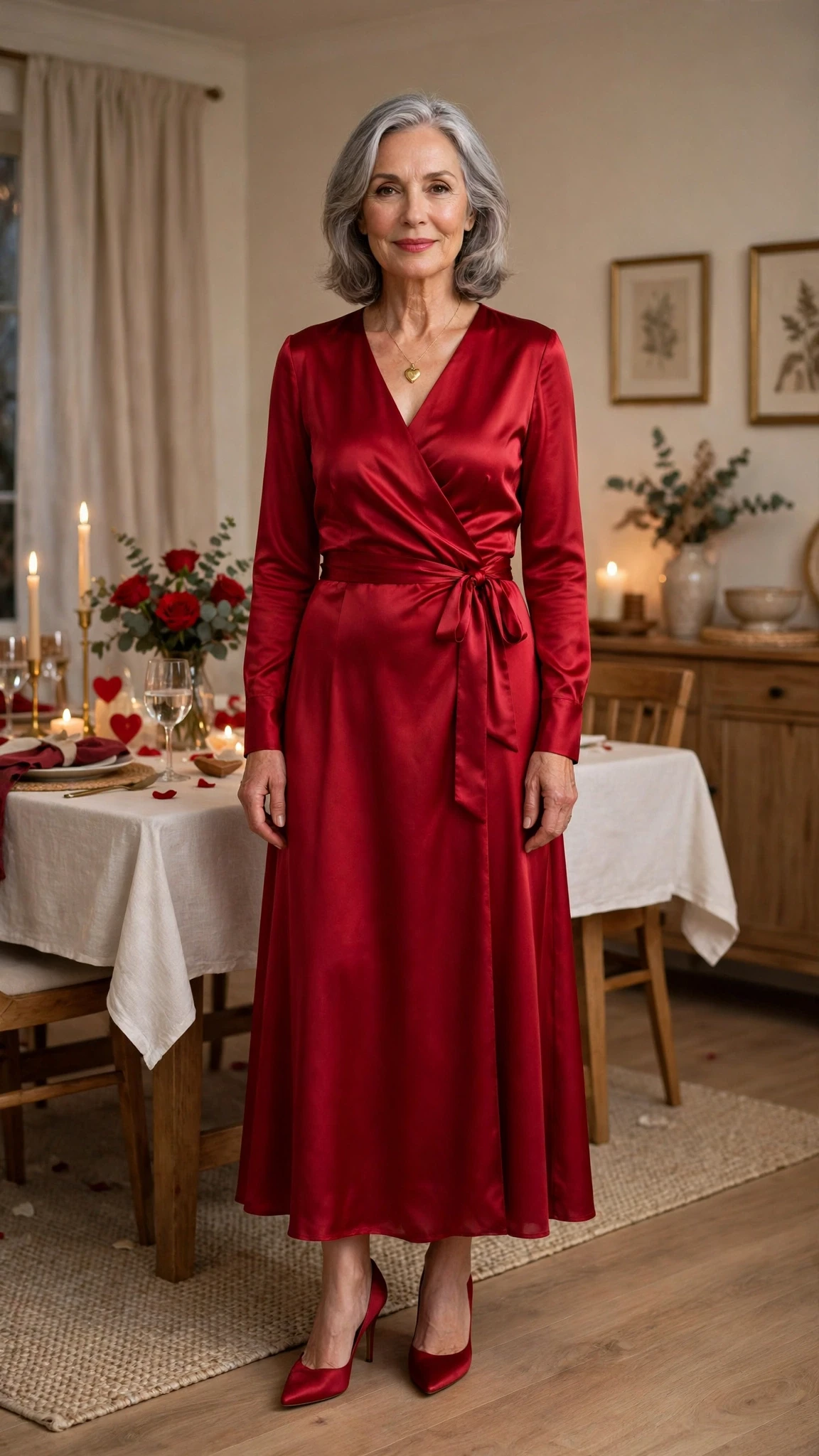50 Women Over 60 Red Satin Dress Outfits for Valentine Dates That Are Chic, Romantic and Elegant 11 Crimson Satin Wrap Dress with a gold pendant necklace