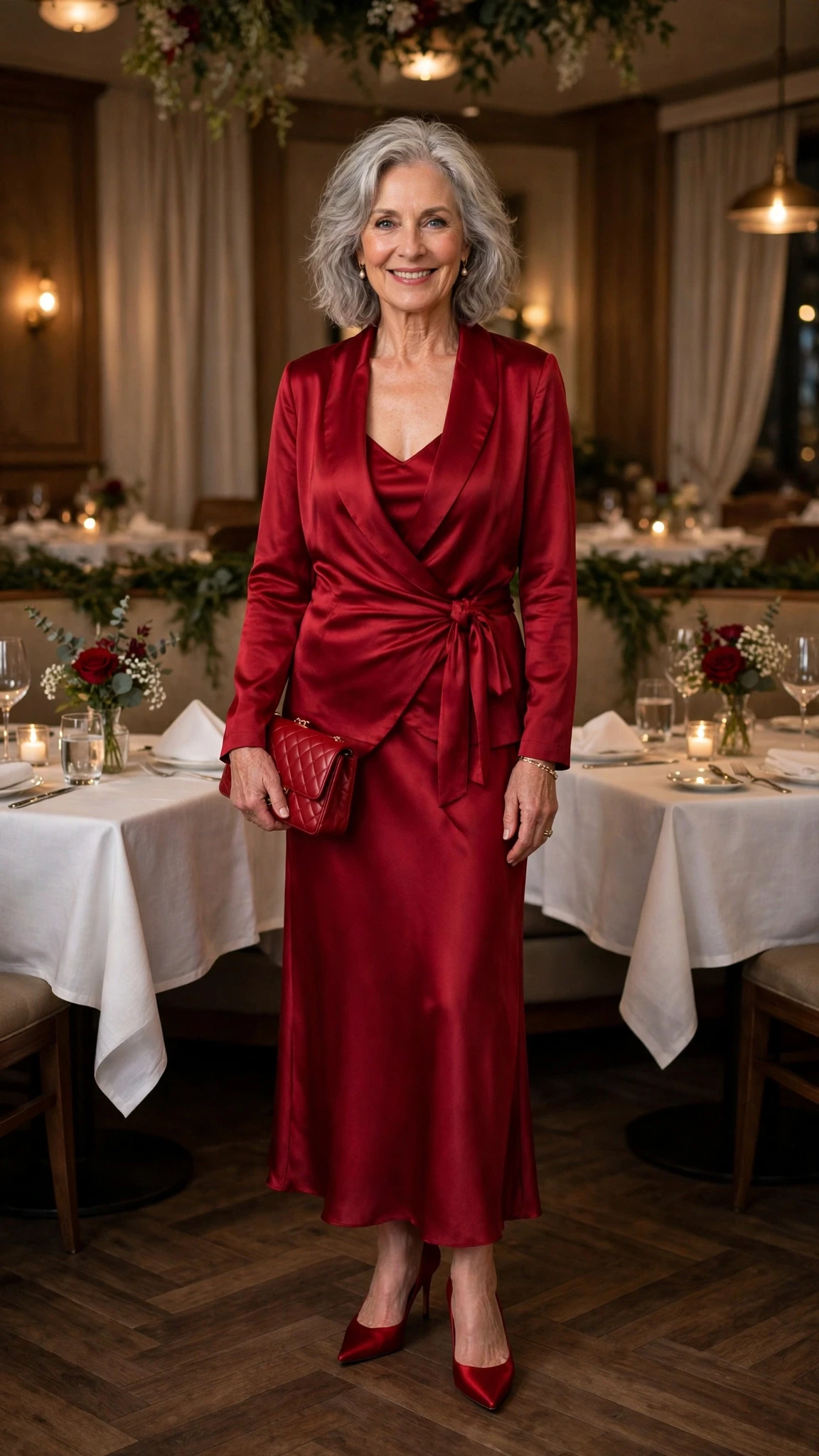 50 Women Over 60 Red Satin Dress Outfits for Valentine Dates That Are Chic, Romantic and Elegant 13 Cherry Satin Slip Dress with a Wrap Jacket with a red clutch
