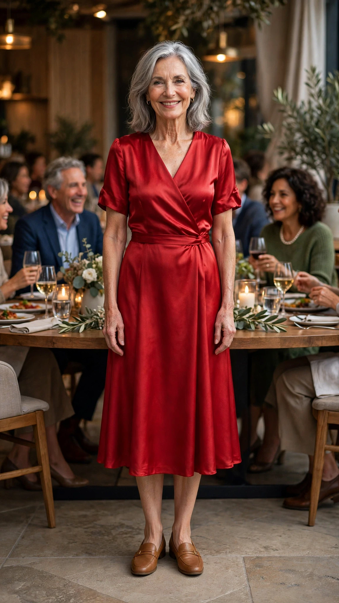 50 Women Over 60 Red Satin Dress Outfits for Valentine Dates That Are Chic, Romantic and Elegant 14 Red Satin Tea-Length Dress with tan leather loafers